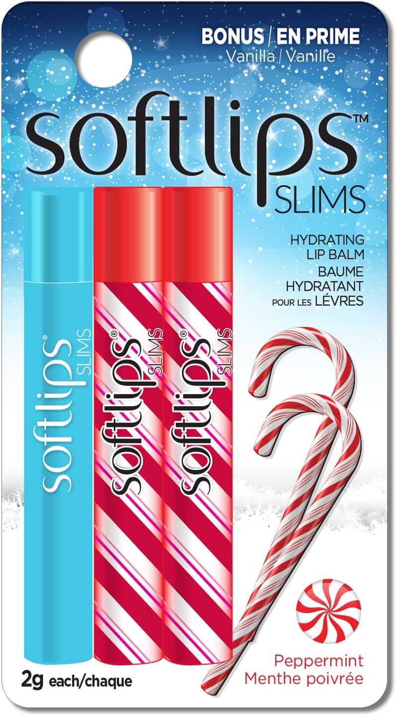 Softlips SLIMS Holiday Peppermint with Bonus French Vanilla Three-Pack – Limited Edition Lip Balm Set with Vitamin E for Nourishing Moisture – Perfect Stocking Stuffer and Holiday Gift Softlips SLIMS Holiday Peppermint with Bonus French Vanilla Three-Pack – Limited Edition Lip Balm Set with Vitamin E for Nourishing Moisture – Perfect Stocking Stuffer and Holiday Gift