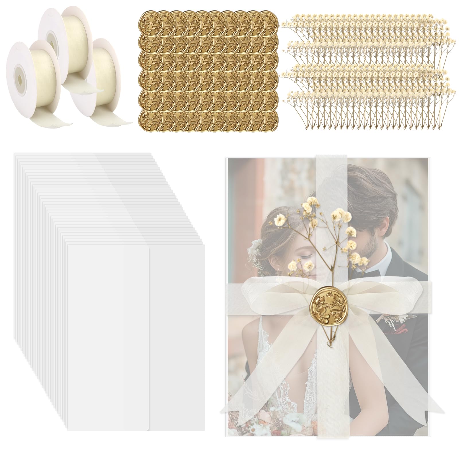 50 Sets Wedding Invitations Wraps Set Pre-Folded Vellum Jackets for 5x7 Invitations Self Adhesive Gold Wax Seal Stickers Dried Flowers Chiffon Silk Ribbon (Beige, 50 sets)