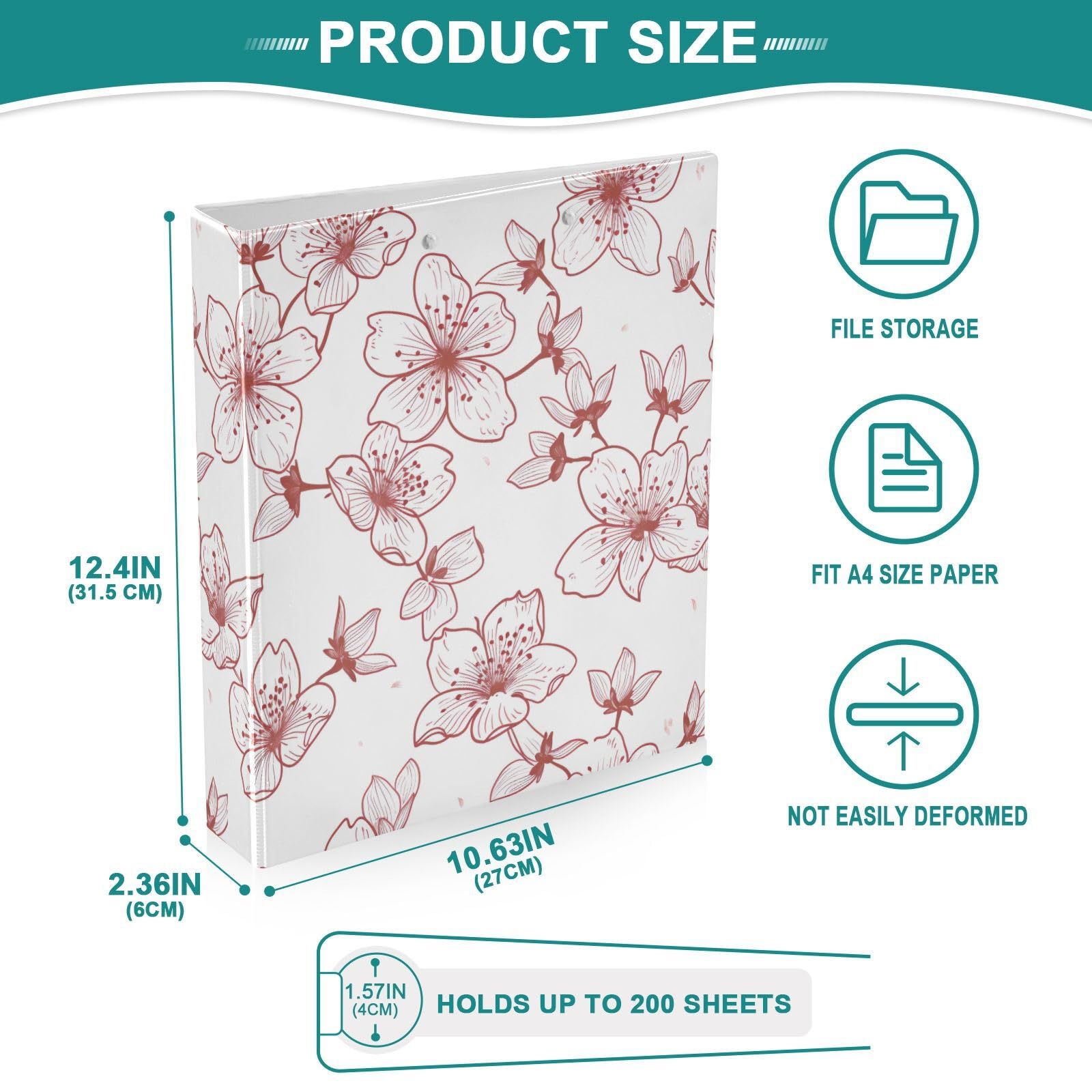Raccoglitori ad anelli con 3 anelli, 3,8 cm, semplici fiori di ciliegio, decorativi, rotondi, con clip in metallo, organizer per casa e ufficio, confezione da 2