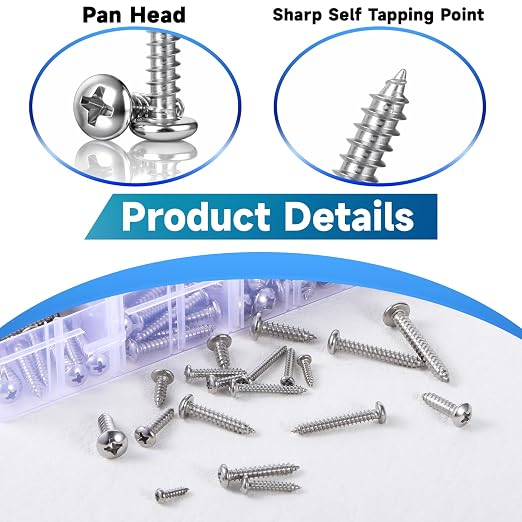 Kit de 550 Tornillos para Madera de Acero Inoxidable 304, Cabeza Pan Phillips, Autorroscantes, Longitud 1/4 a 1-1/2 pulg., Plateados miniatura 3