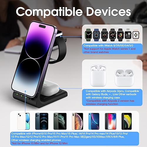 Miniatura 2 de Earteana - Estación de carga para múltiples dispositivos iPhone, base de carga inalámbrica rápida 3 en 1 para Apple Watch 9, 8, 7, 6, SE 5, 4, 3, 2,