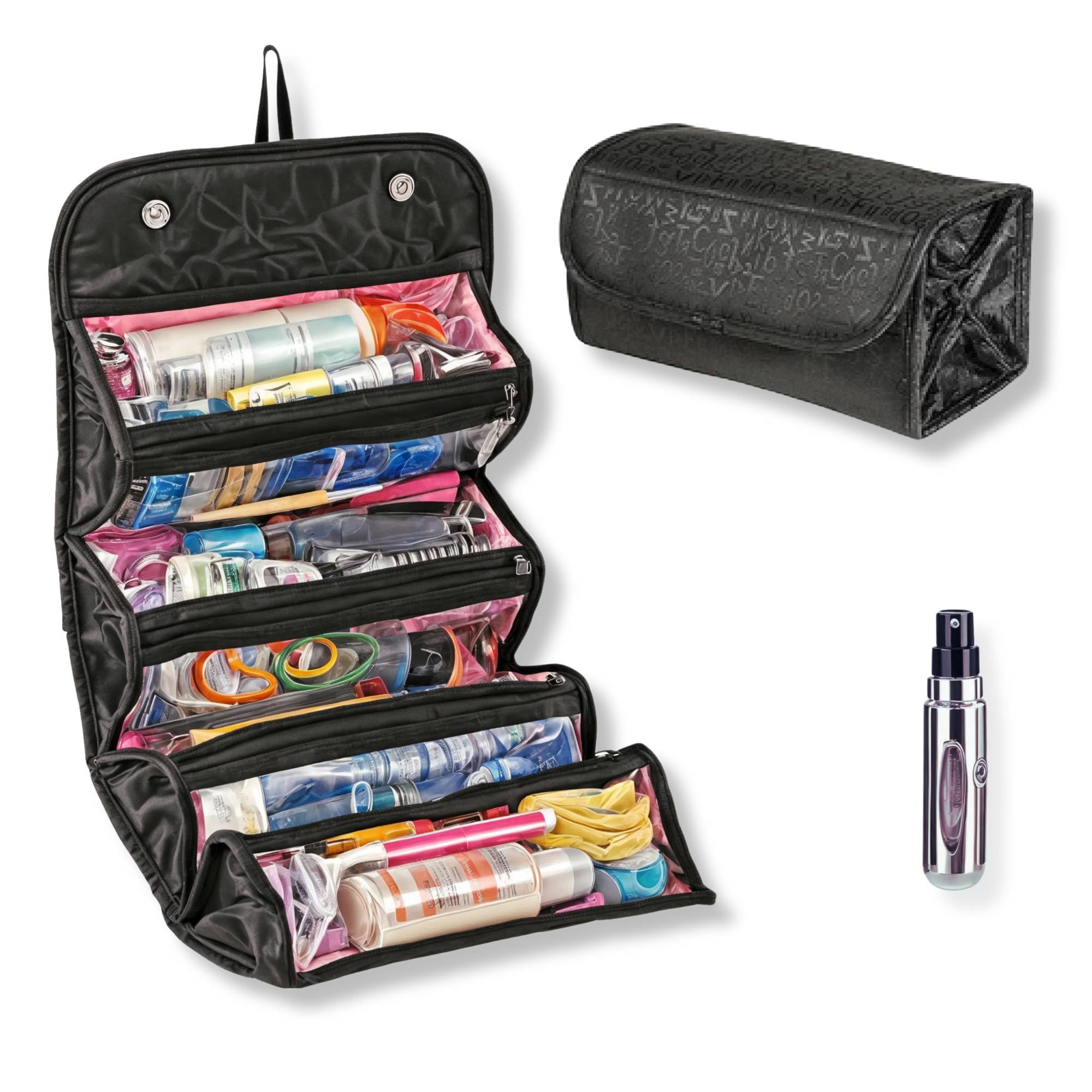 Generic Organizador de Maquillaje y Atomizador de Perfumes en Pack. Organizador de Cosmeticos .Bolsa Colgante. Neceser para Viajes. Bolsa Plegable Multifuncional. Varios Compartimentos.Incluye Pulverizador