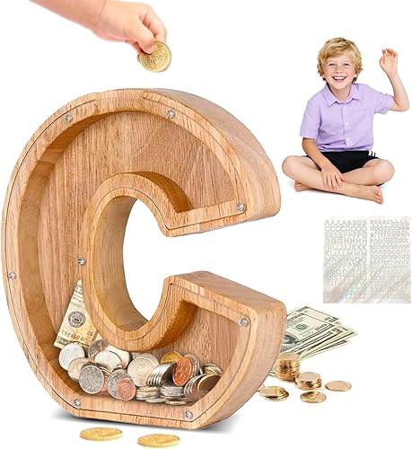 CCHKFEI - Alcancía de madera personalizada, tarro de monedas personalizado, alcancía creativa de 26 letras, tarro de almacenamiento para niños,