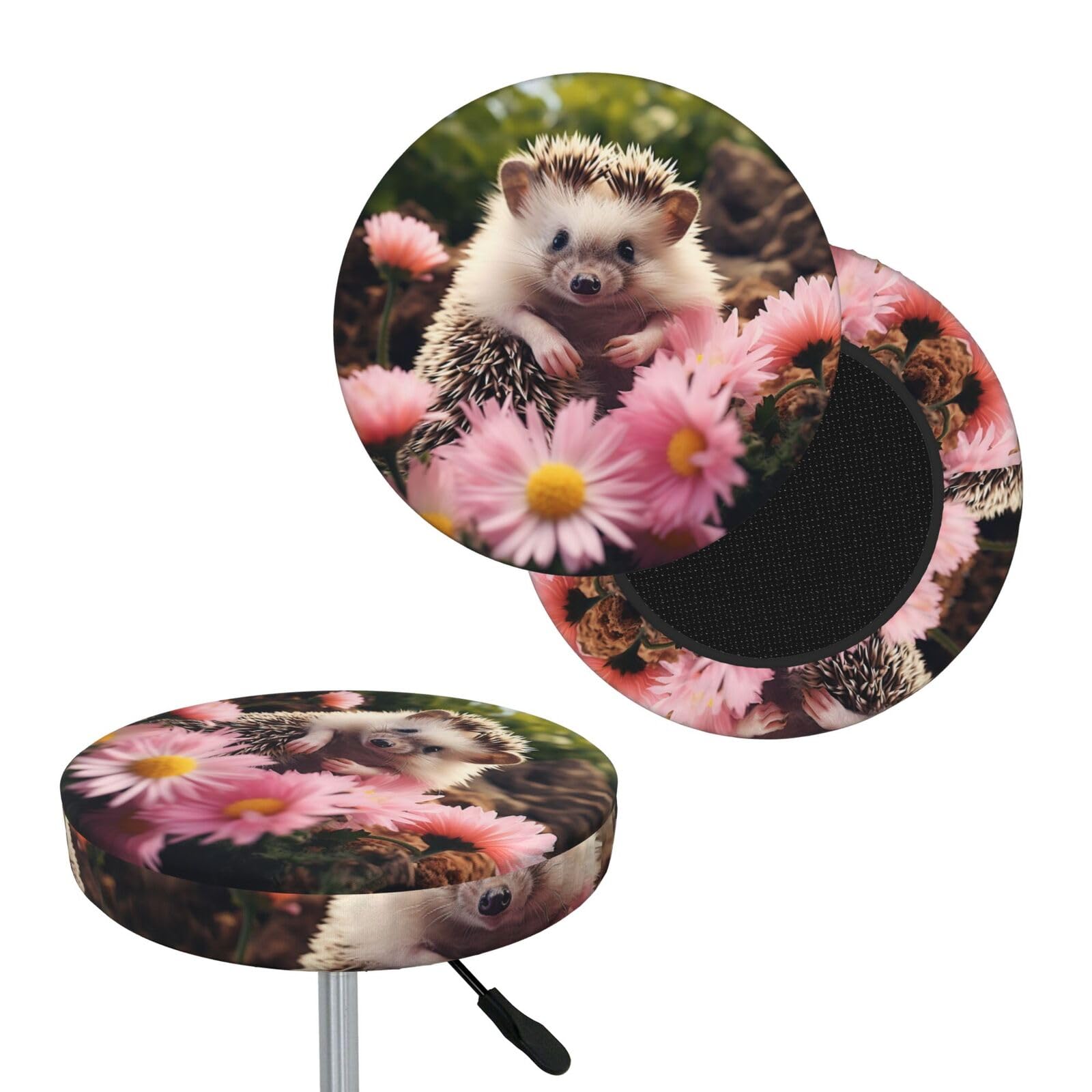 FodPand Cute Hedgehog in Flowers Bar Stool Cover Round Elastic Stool Cushion Covers Washable Bar Stool Chair Slipcover Stretch Stool Seat Covers for 12-14 Inch Chair