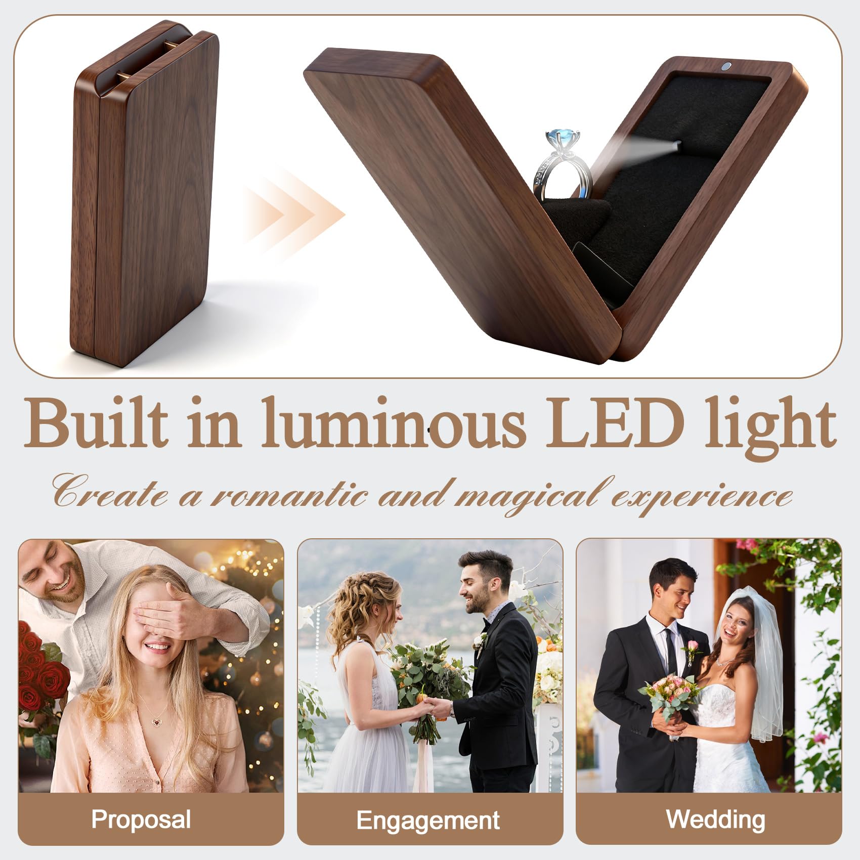 Rotierende Verlobungsringbox aus Holz für Antrag, Hochzeit, Jahrestag, Ringbox mit LED-Licht, Geschenkverpackung (schwarze Walnuss)