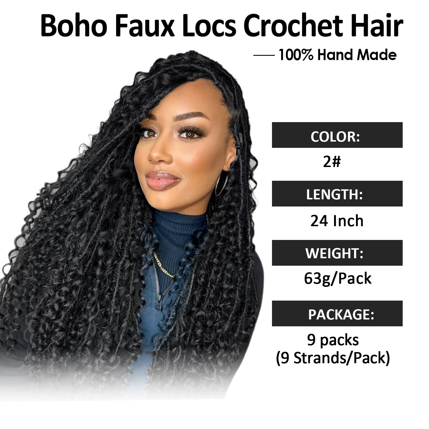 Boho Faux Locs Crochet Hair, Pre-Looped Goddess Locs with Curly Ends
