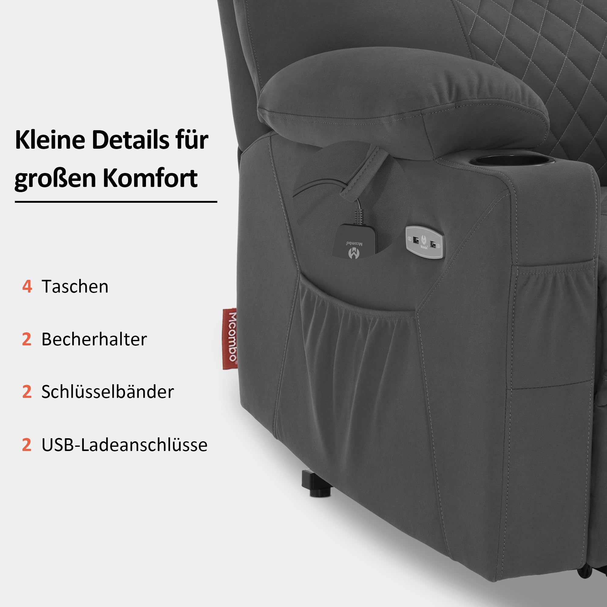 M MCombo Fernsehsessel mit Aufstehhilfe elektrisch, 2 Motoren, Rückenlehne & Beinstütze getrennt verstellbar, eine Taste zum Zurücksetzen, Massagesessel mit Wärmefunktion 7565 (Mikrofaser, Dunkelgrau)