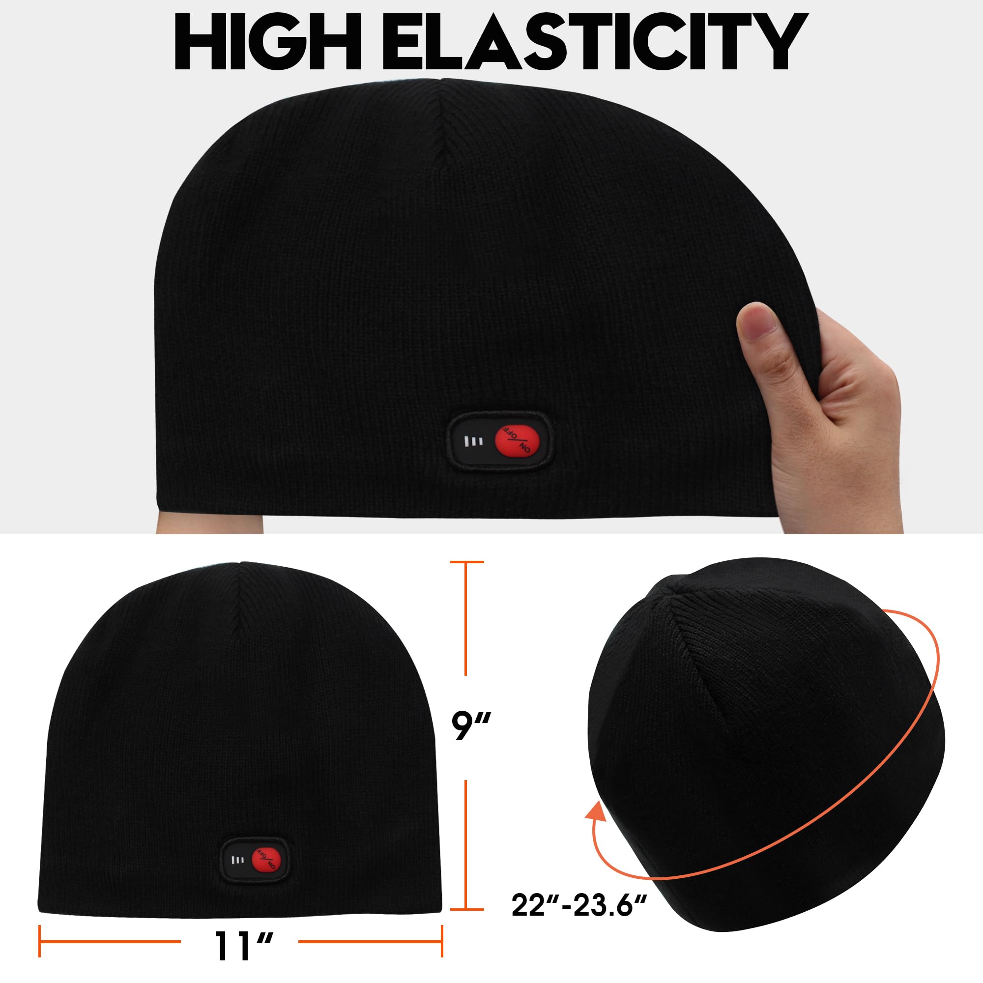 Rabbitroom Gorro térmico para hombres y mujeres, gorro de punto con batería recargable para invierno, calentadores de orejas, gorro de punto para pesca, esquí, motociclismo (negro), Negro -, 5-6