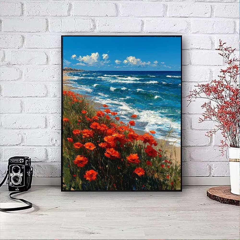 Krajobraz Plaża Kwiaty Diamentowe Malarstwo Zestawy Dorosłych, 5D Okrągłe Diamenty Malarstwo Dzieci Malarstwo, Diamant Art Haft Cross Stitch Obrazy, Mozaika Sztuka Do Dekoracji Ściany 70x90cm HJ8360