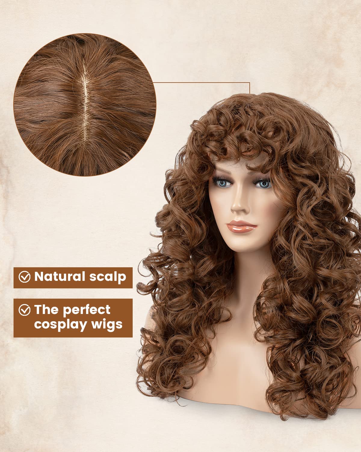 Curly Wig with Bangs for Women FLUFYMOOZ Light Chocolate Brown Long Curly Wig 21 Inch Curls with Wispy Bangs Heat Resist Soft Synthetic Wig for Women Daily Halloween Cosplay - Image 4