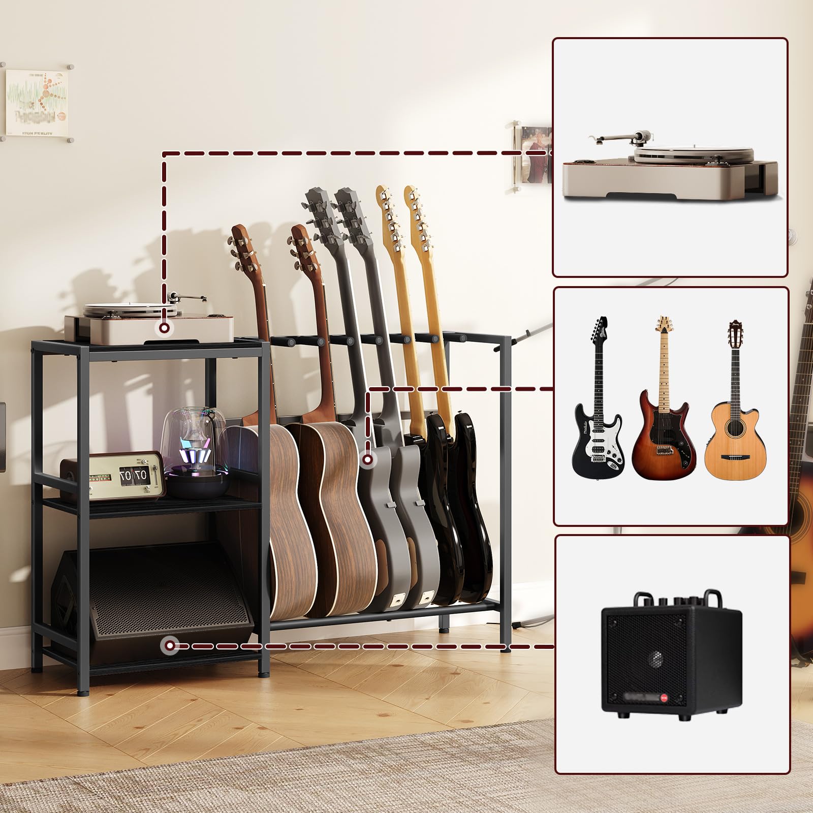 MAHANCRIS Gitarrenständer für 7 Akustik-, E-Gitarre, Bass, Schallplattenständer, Alben, Vinyl Schallplatten Lagerung, Schaumstoffummantelt, für Musikstudio, Schwarz AGSBK9701V1