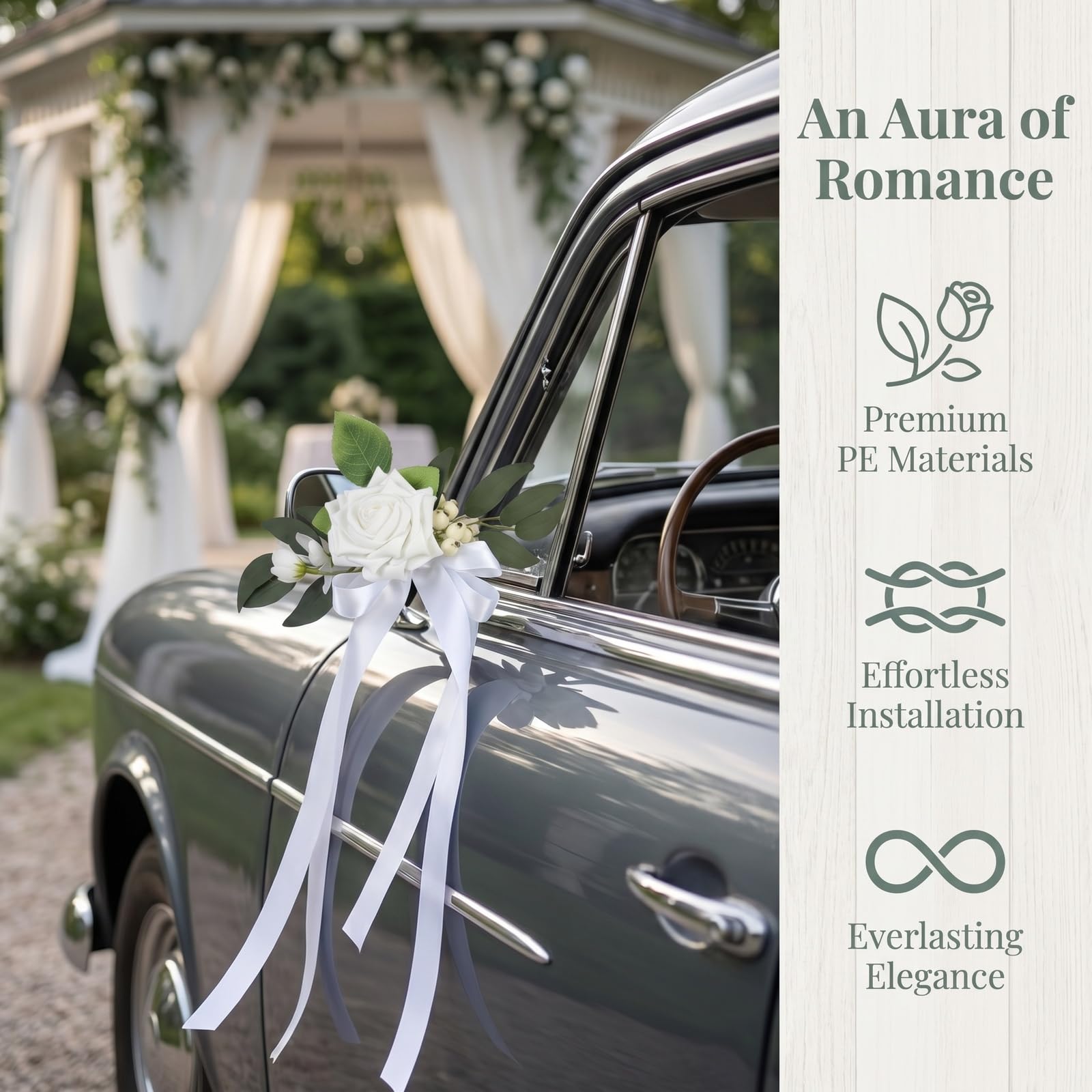 2 Pièces Noeuds de Voiture en Soie, Décoration Voiture Mariage, Simulation de Rose, Nœud de Voiture avec Attaches à Ventouse, pour Chaises en Plein Air, Activités de Fête et Rétroviseur