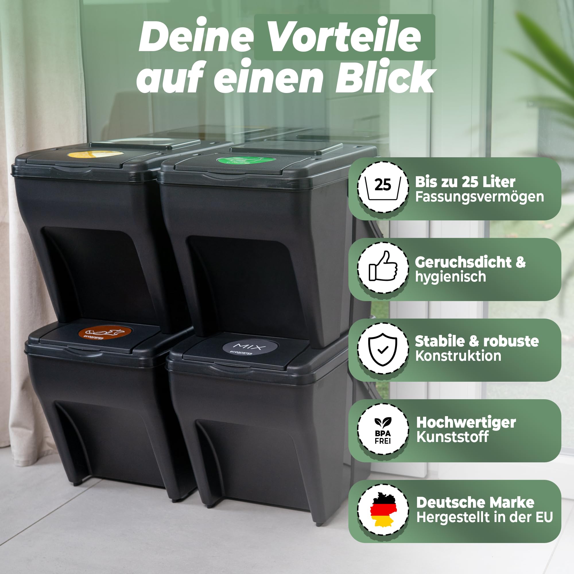 Novaliv Mülltrennsystem Set - 3x 25L Mülleimer Trennsystem - Mülleimer 4 Fächer - Mülltrennsysteme stapelbar - Mülltrennung Recycling Behälter - Abfalltrennsystem - Müll Organizer Müllsortierer