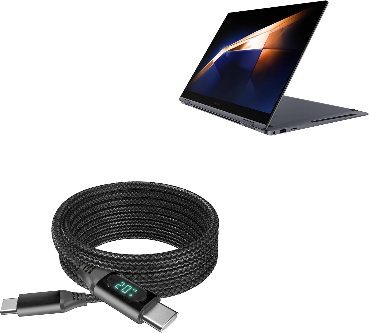 BoxWave Cable Compatible with Samsung Galaxy Book4 Pro 360 (16 in) - PowerDisplay PD Cable (6ft) - USB-C to USB-C (100W), LED Wattage Info Extra Long Braided Nylon - Jet Black