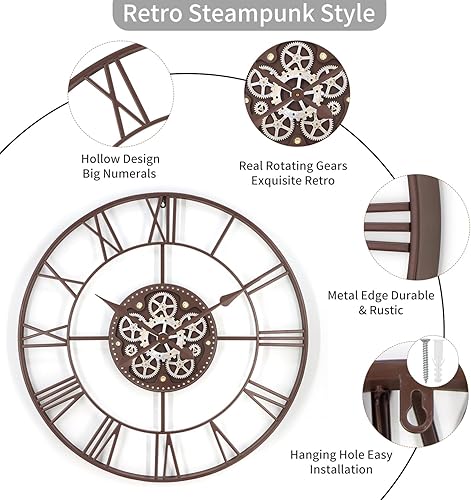 Miniatura 4 de Relojes de pared grandes de 29 pulgadas para decoración de sala de estar con engranajes móviles, reloj de pared grande industrial Steampunk, relojes