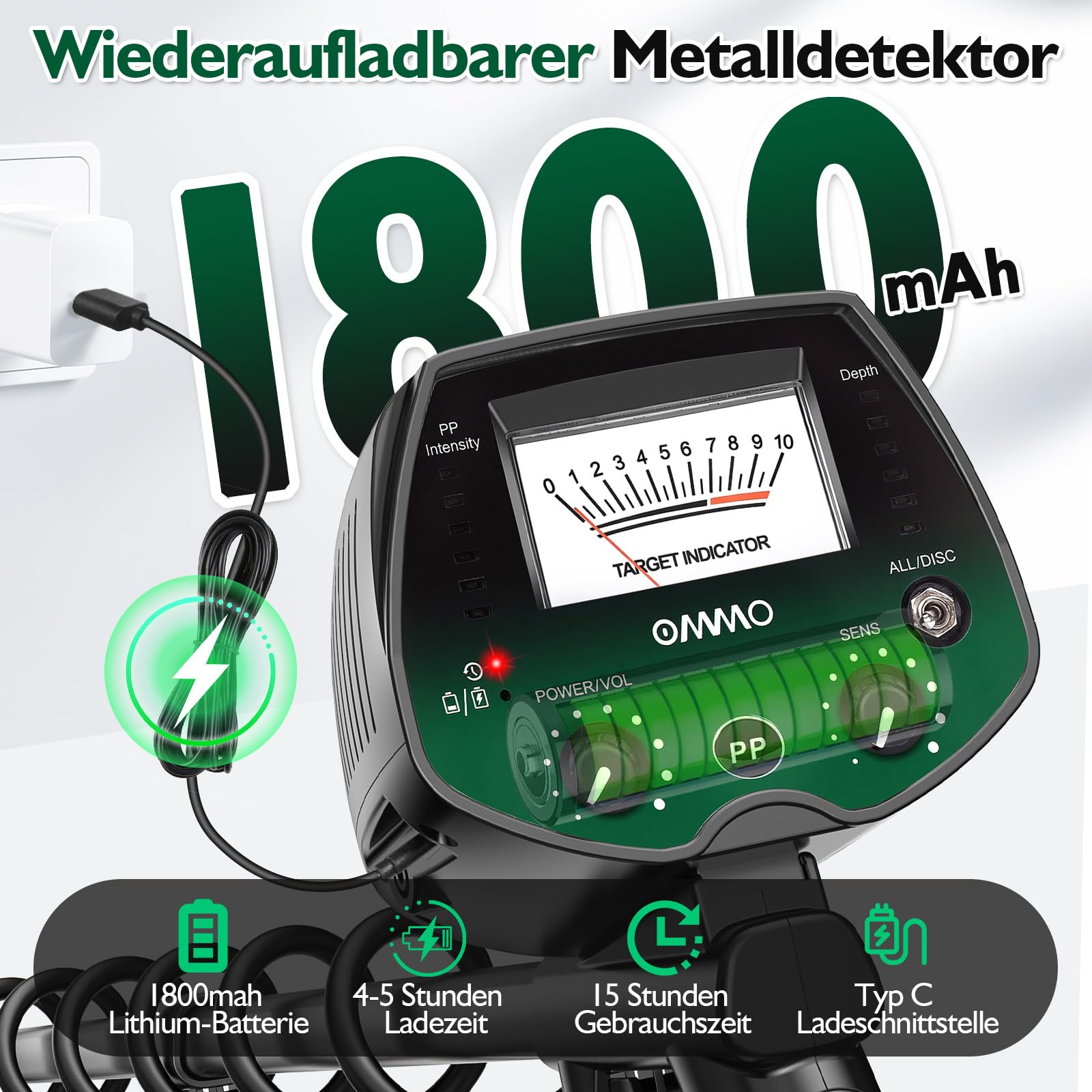 OMMO Detector de Metales Profesional para Adultos y Niños, Pinpointer Detector de Metales Recargable por USB, 3 Modos, Alta Precisión, Bobina Impermeable IP68, Metal Detector con Auriculares, Verde