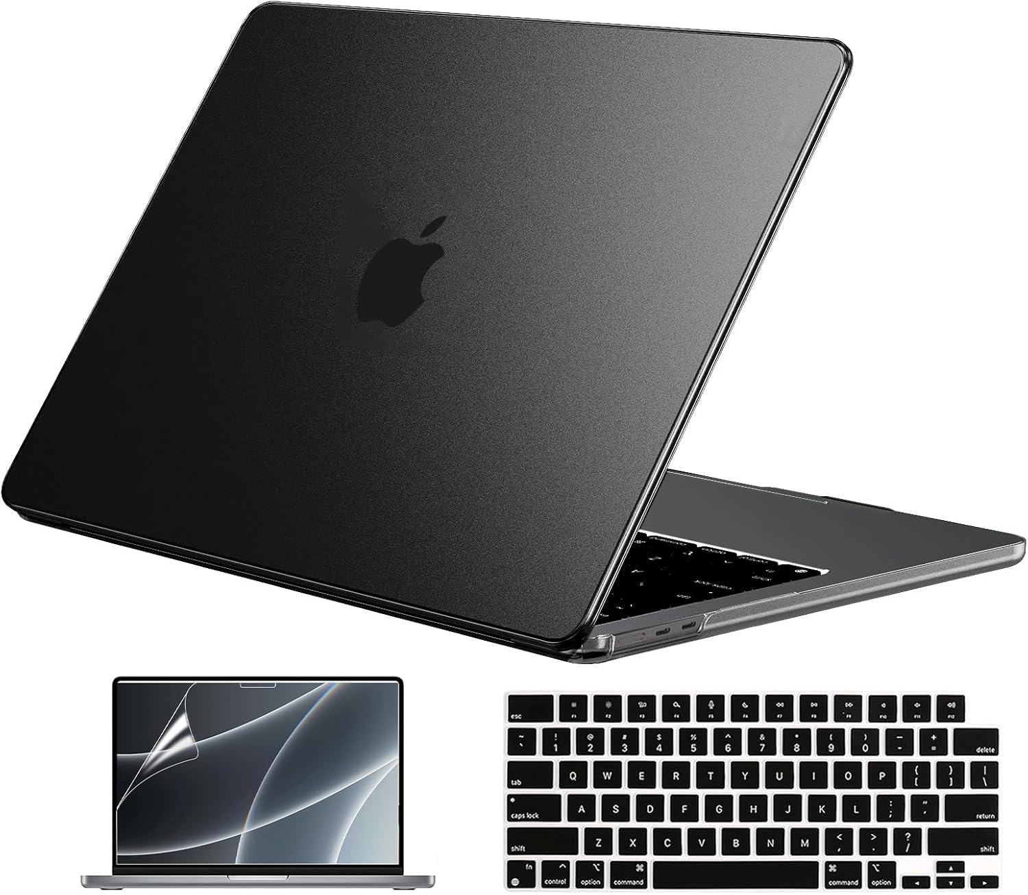 EooCoo Case Compatible with MacBook Air 15 inch 2024 2023 Release M3 A3114 M2 A2941, Plastic Hard Shell Case + Keyboard Skin Cover + Screen Protector, Black