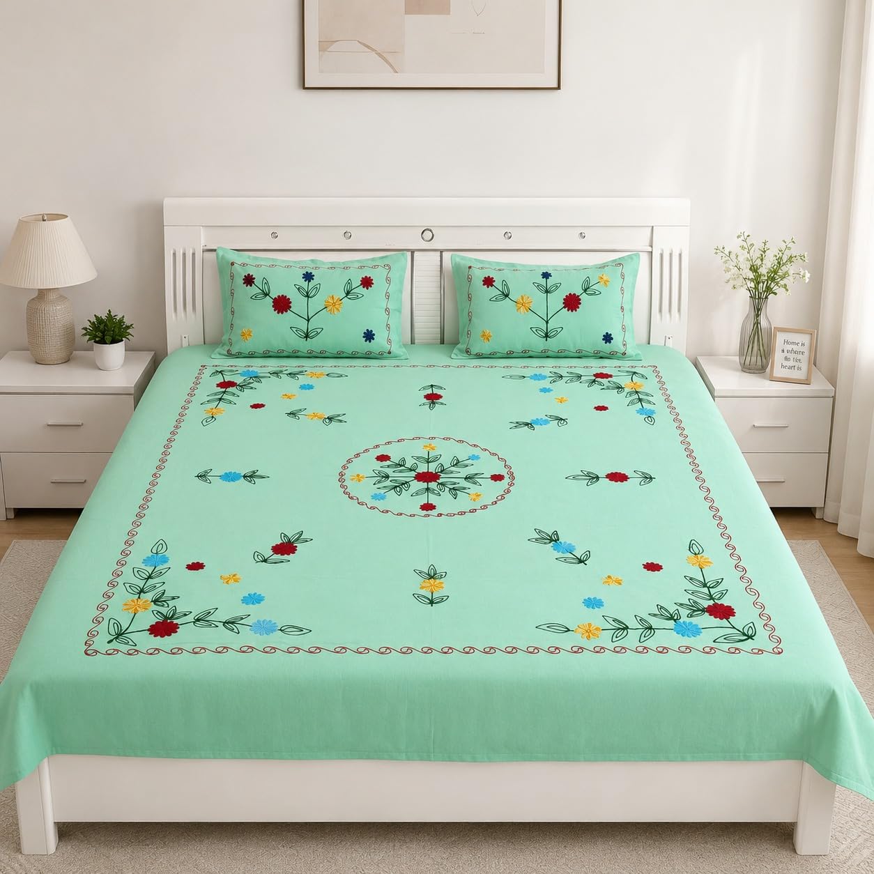 Premium Floral Embroidered Double Bedsheet with 2 Pillow Covers | Soft Cotton Blend Bed Sheet | Mint Green Color | Elegant Flower Design | King/Double Bed Size-image-12