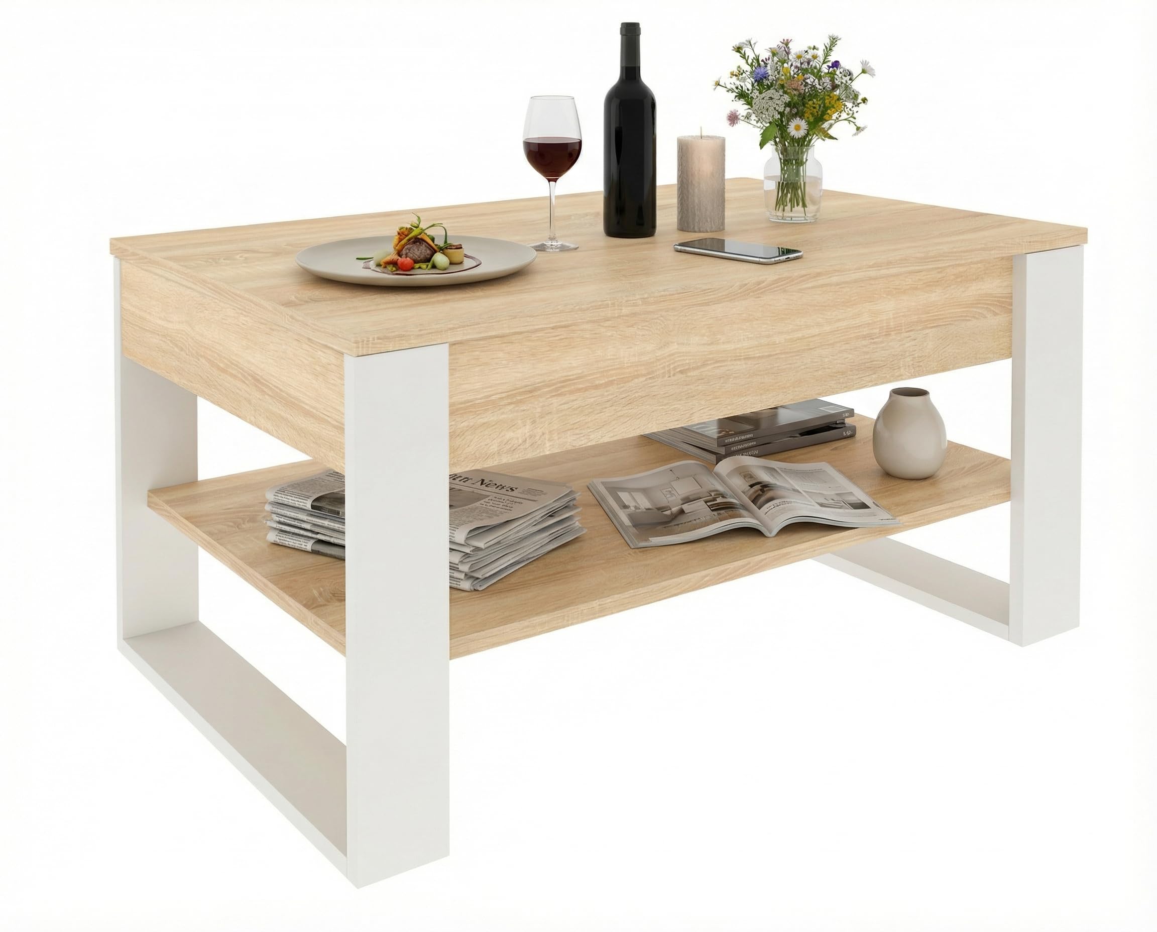 CraftPAK Mesa de Centro elevable con Almacenamiento – Mesa de Centro Plegable – Mesa de salón Ajustable en Altura – Coffee Table – Mesa de salón de Madera Color Blanco