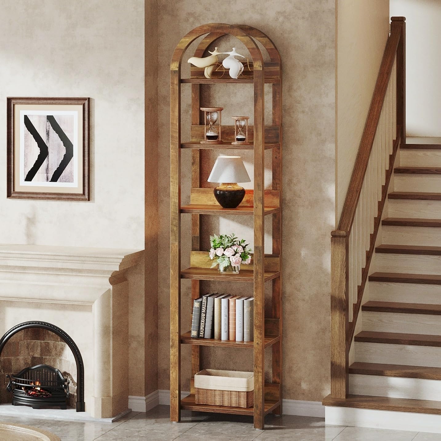 A single Tribesigns 6-Tier Narrow Bookshelf in a rustic living room setting next to a fireplace and staircase, holding books and decor.