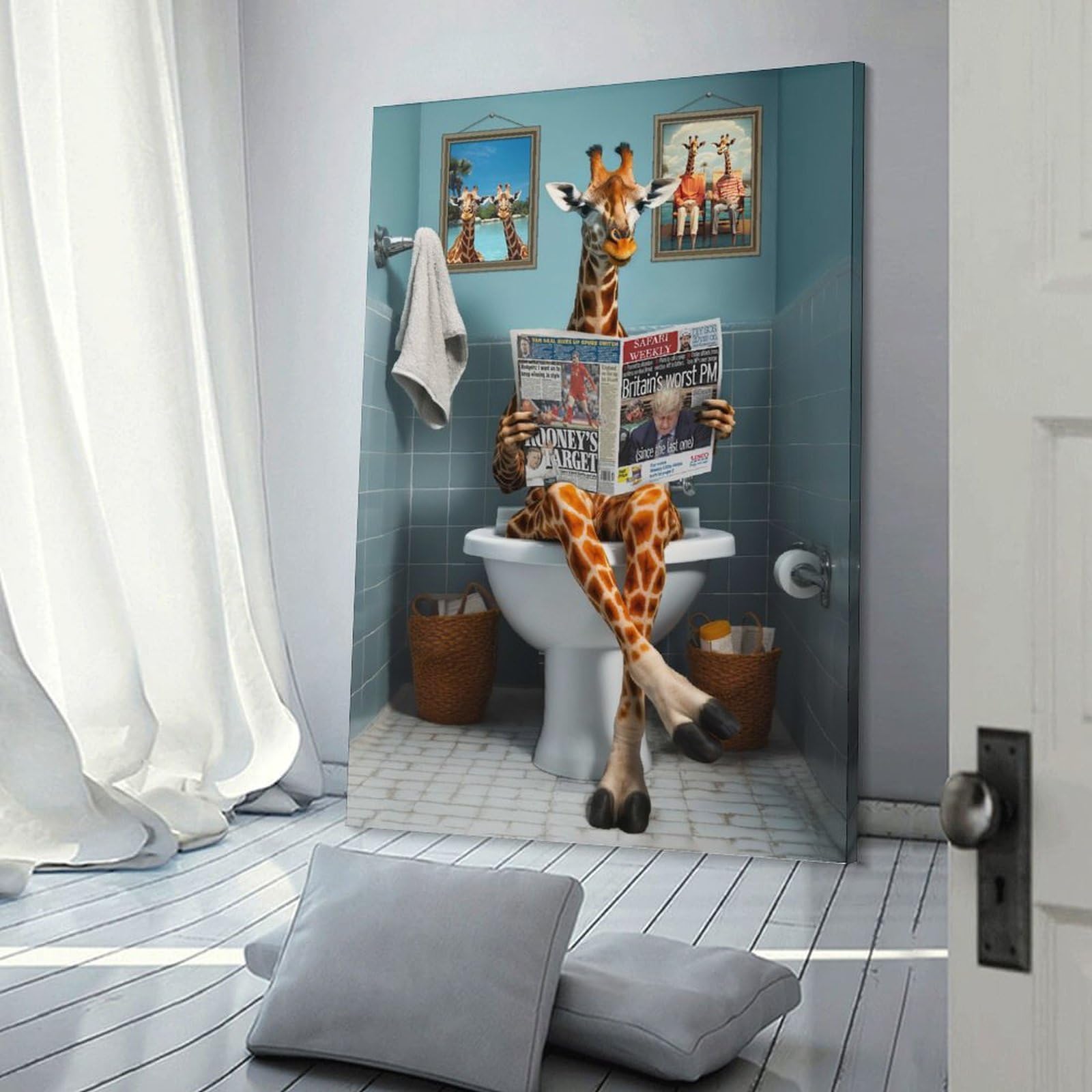Junmoney Wall Decor Canvas Print Funny Giraffe Using Toilet, 16x24inch(40x60cm), for Bedroom, Lounge Or Dressing Area, Stylish Decor for A Restful Room Update