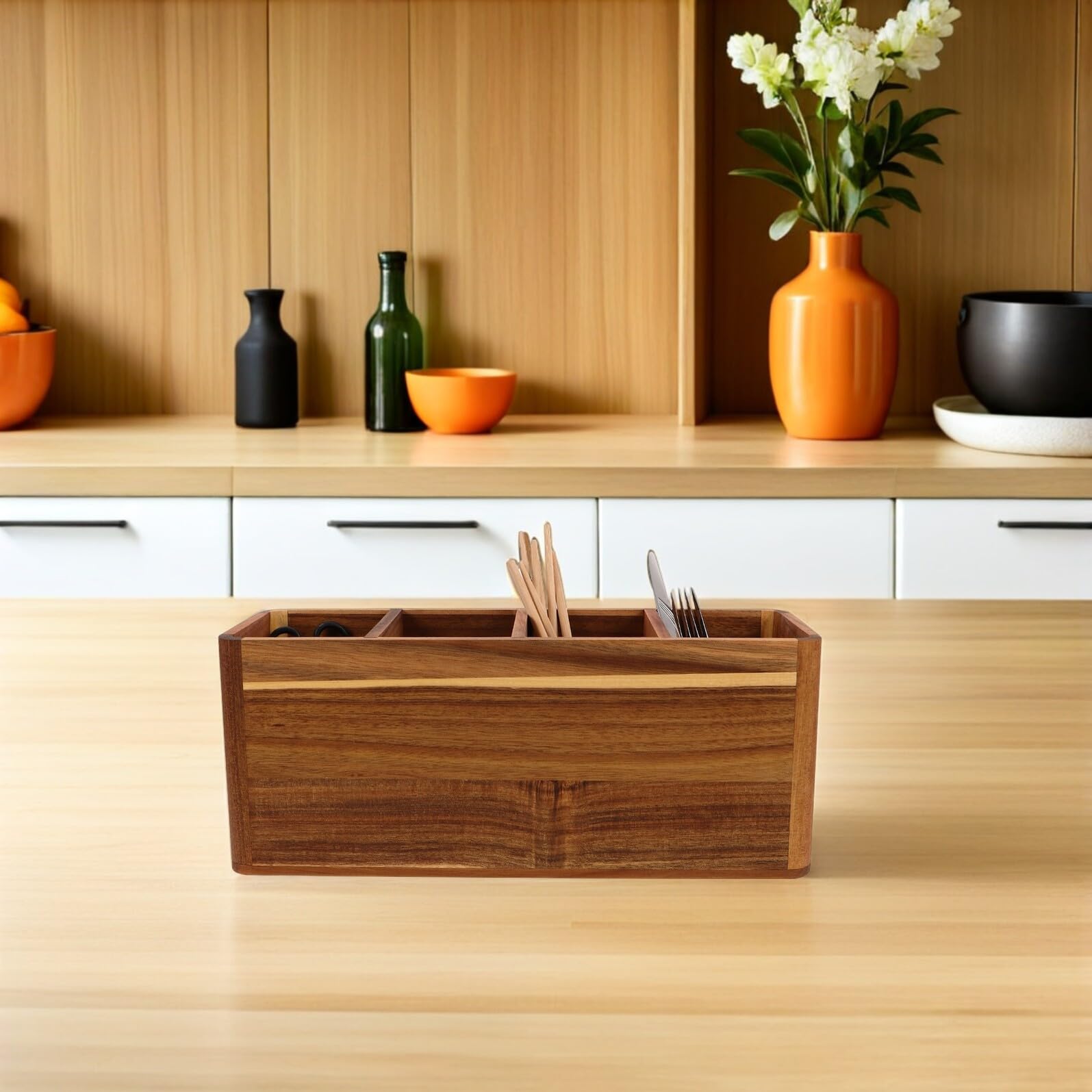 Gatuida Porte-Ustensiles Cuisine en Bois Massif à 4 Compartiments Organiseur d'Ustensiles Cuisine Rustique pour Plan de Travail Boîte de Rangement Compacte pour Couverts et Cuillères