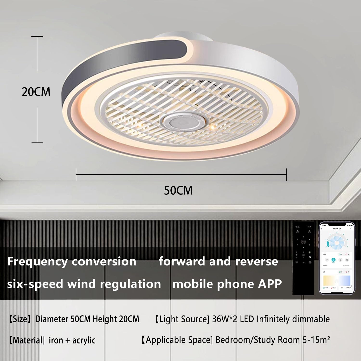 ASJK Deckenleuchte mit Ventilator, 72 W, 7200 lm, Dimmbar, App und Fernbedienung, 6-Gang, Timer, Weiß