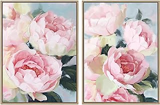Framed Pink Floral Wall Art Set - Pink Flower Canvas Wall Decor Pastel P...