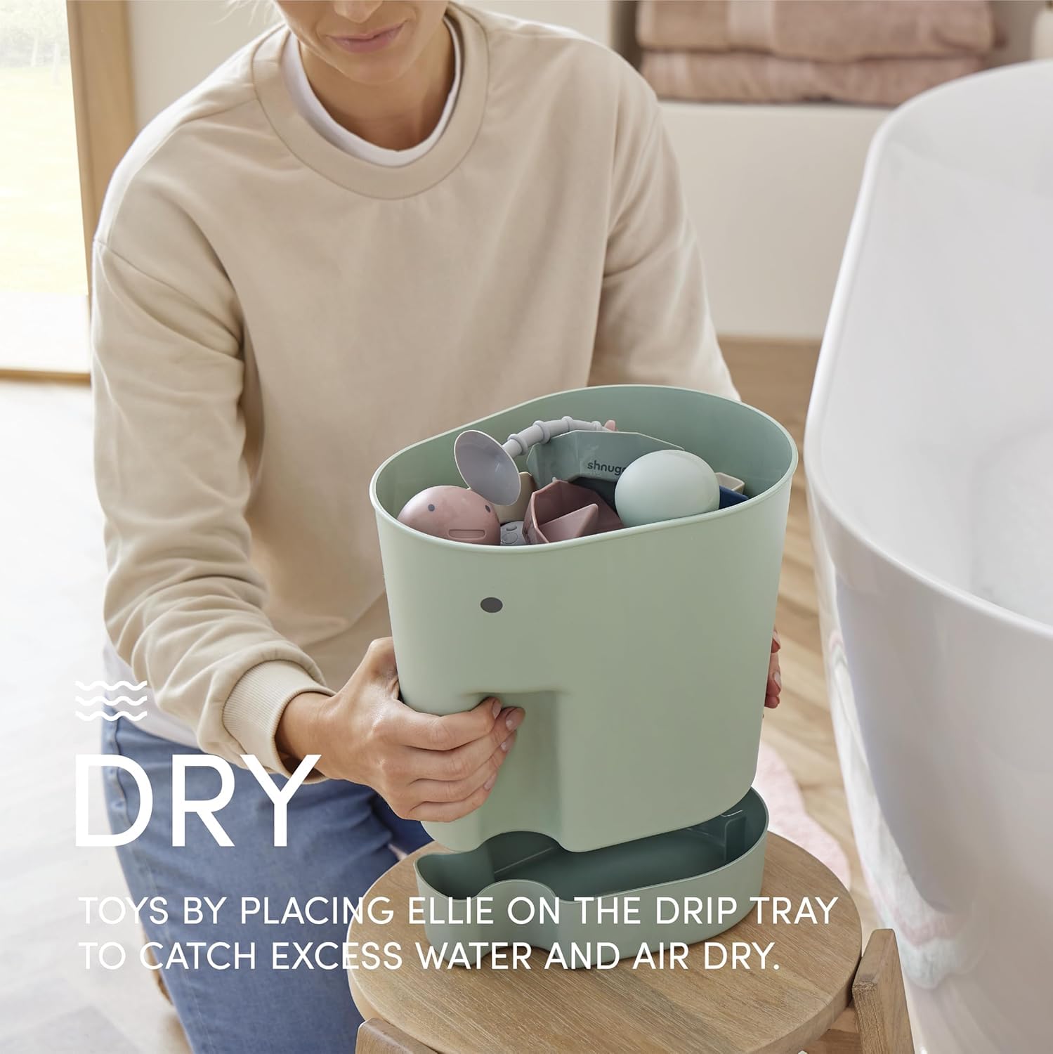 Shnuggle Ellie, paletta e organizer per giocattoli da bagno, con vassoio antigoccia, realizzato al 98% in plastica riciclata, si asciuga meglio di una rete per giocattoli da bagno