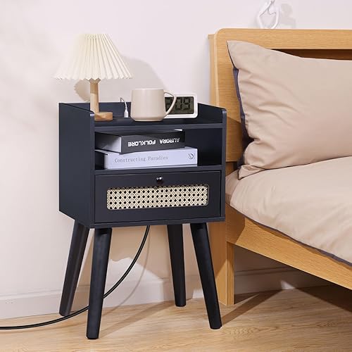 Miniatura 7 de Urban Deco Mesita de noche con estación de carga, mesita de noche de madera con cajón, mesa auxiliar moderna para dormitorio y sala de estar (negro)