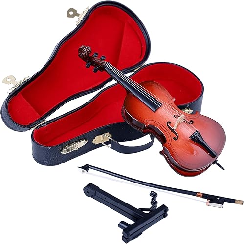 Vista 20 de Violonchelo en miniatura de madera con soporte, arco y estuche, mini instrumento musical, réplica de violonchelo, figuras coleccionables, accesorios