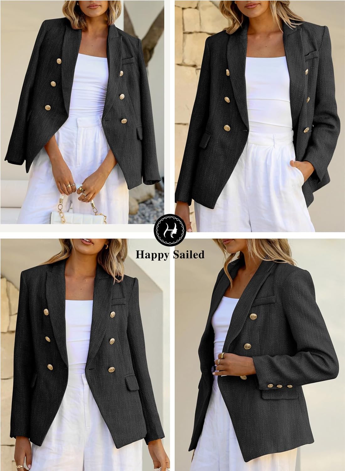 Happy Sailed Womens Tweed Blazers Casual Long Sleeve Double Breasted Open Front Blazer Jackets Work Suits - Image 4