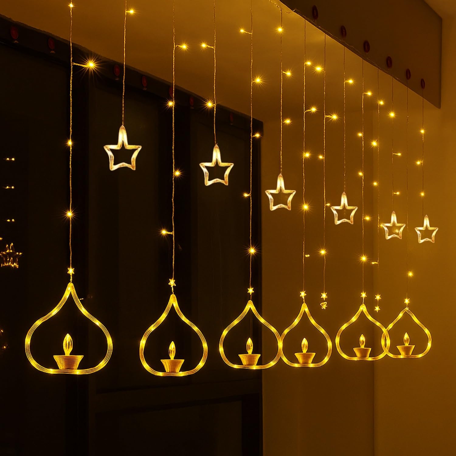 One94Store Deep Diya Curtain Decorative LED String Lights, 3 Meter Warm White Plug-in Curtain with 108 LEDs and 6+6 Diya Design for Diwali, Balcony, Wall, Indoor & Outdoor Festival Decoration