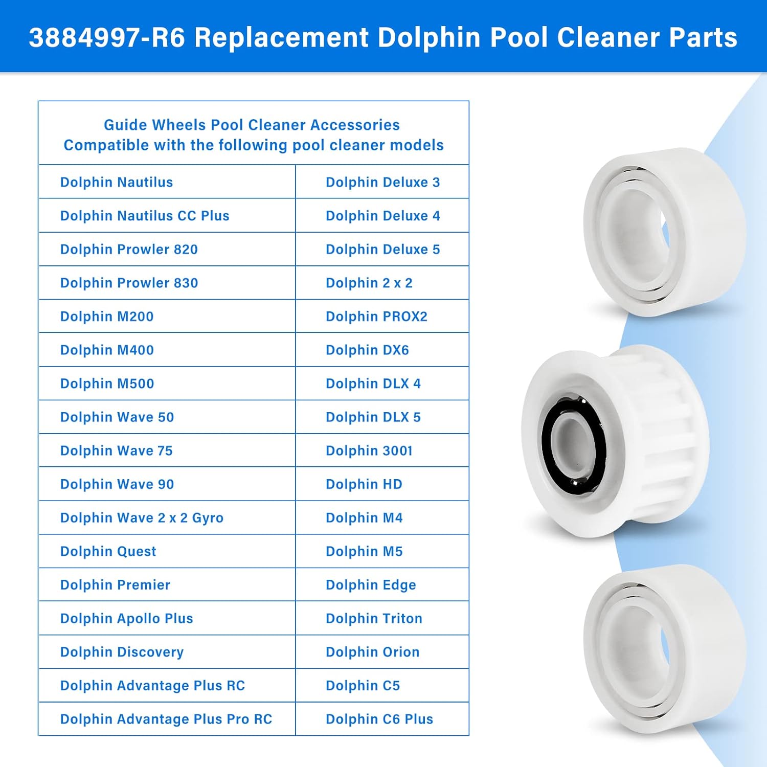 Automatic Robotic Pool Cleaner Replacement Parts, Guide Wheels 4 Pack with 2 Pack Pulley Gears 3884997-R6 for Maytronics Dolphin, Nautilus CC Plus Pool Cleaner M200/M400/M500 &Dx3/Dx4/Dx6