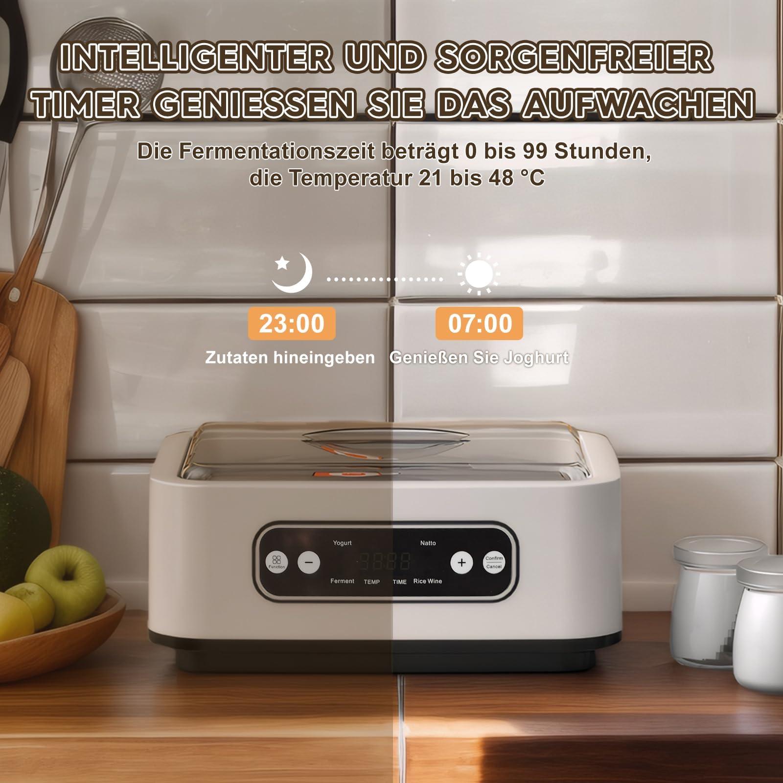 Joghurtbereiter mit einem 1,6-Liter-Edelstahleinsatz und 9 Glasbehälter à 100 ml, Abschaltautomatik & LCD-Display, Automatische Joghurtmaschine für DIY Joghurt, Käse-, Natto-Zubereiter