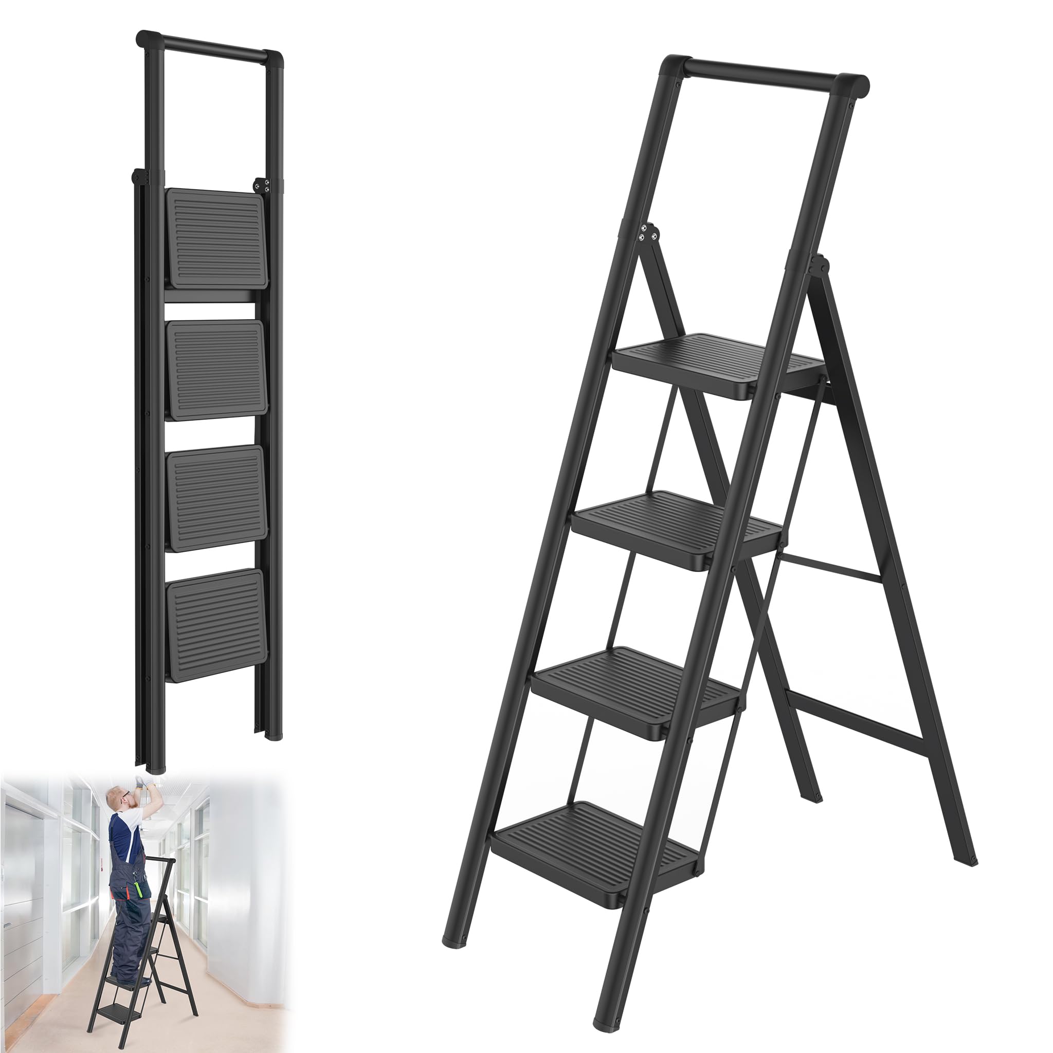 YRHome 4 Stufen Klappbar Trittleiter Leiter Tritthocker Klapptrittleiter mit breitem rutschfeste Pedal und Handlauf Multifunktionale Haushaltsleiter Stehleiter Bis 250KG Schwarz für Haushalt, Küche