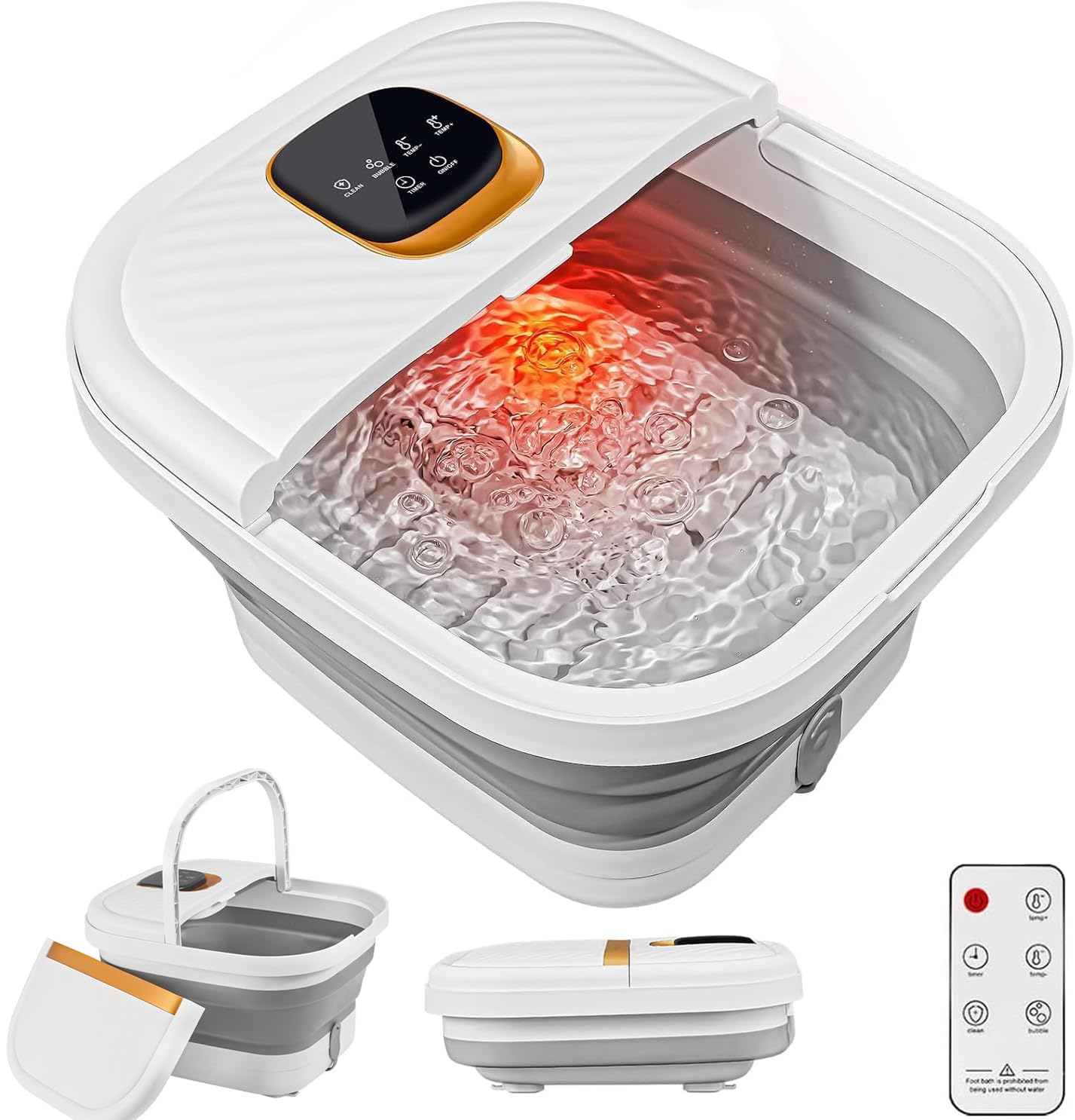 Collapsible Foot Spa with Heat,Remote Temperature Control and Bubble,Foot Bath Tub with 6 Massage Rollers,Timer and Pumice Stone,Electric Pedicure Foot Spa Machine for Feet Care White