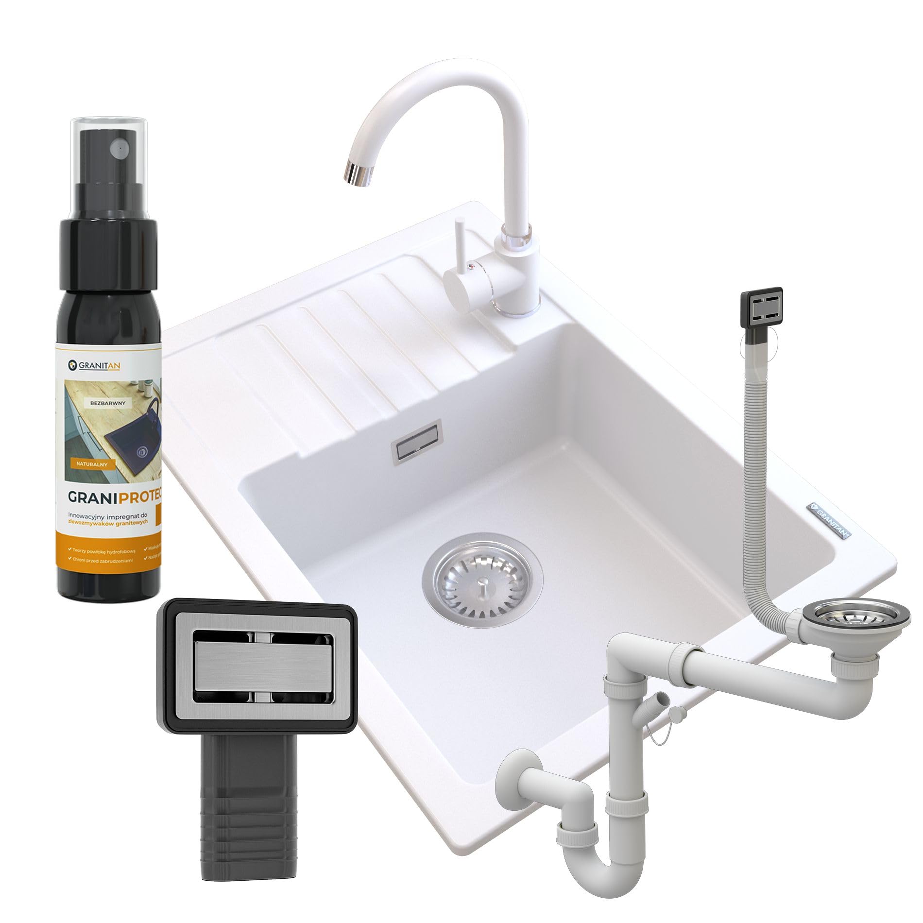 Granitan - Zlewozmywak granitowy Argos + armatura BETA - biały - 1 umywalka z ociekaczem - 62 x 44 cm - z syfonem - powłoka GraniProtect