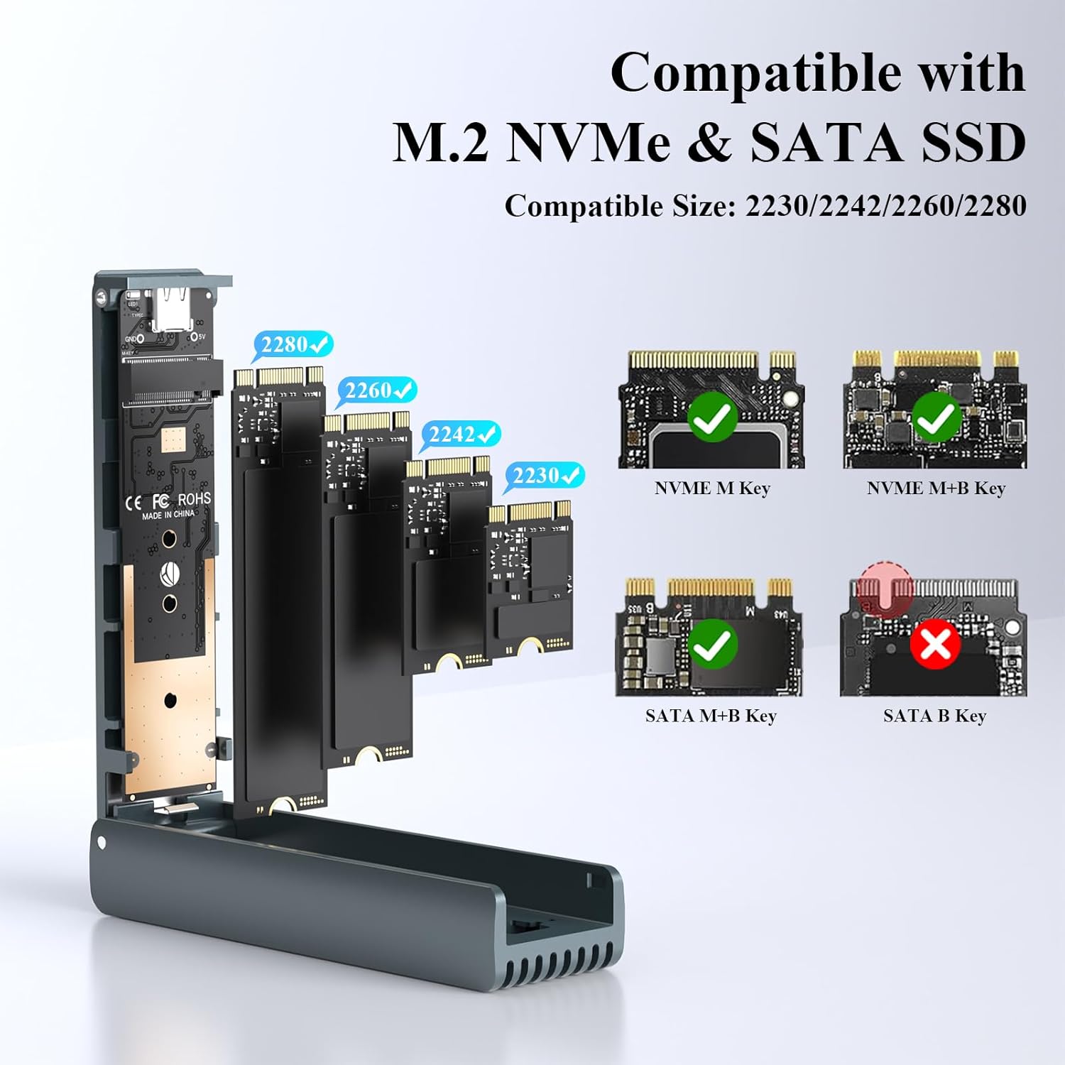 NVMe Enclosure with Cooling Fan, Tool-Free Installation,Full Aluminum Alloy, Sandwich Style Design, USB 3.2 Gen 2 PCIe Adapter for M & M+B Key NVMe/SATA M.2 SSD Case for 2230/2242/2260/2280 - Image 4