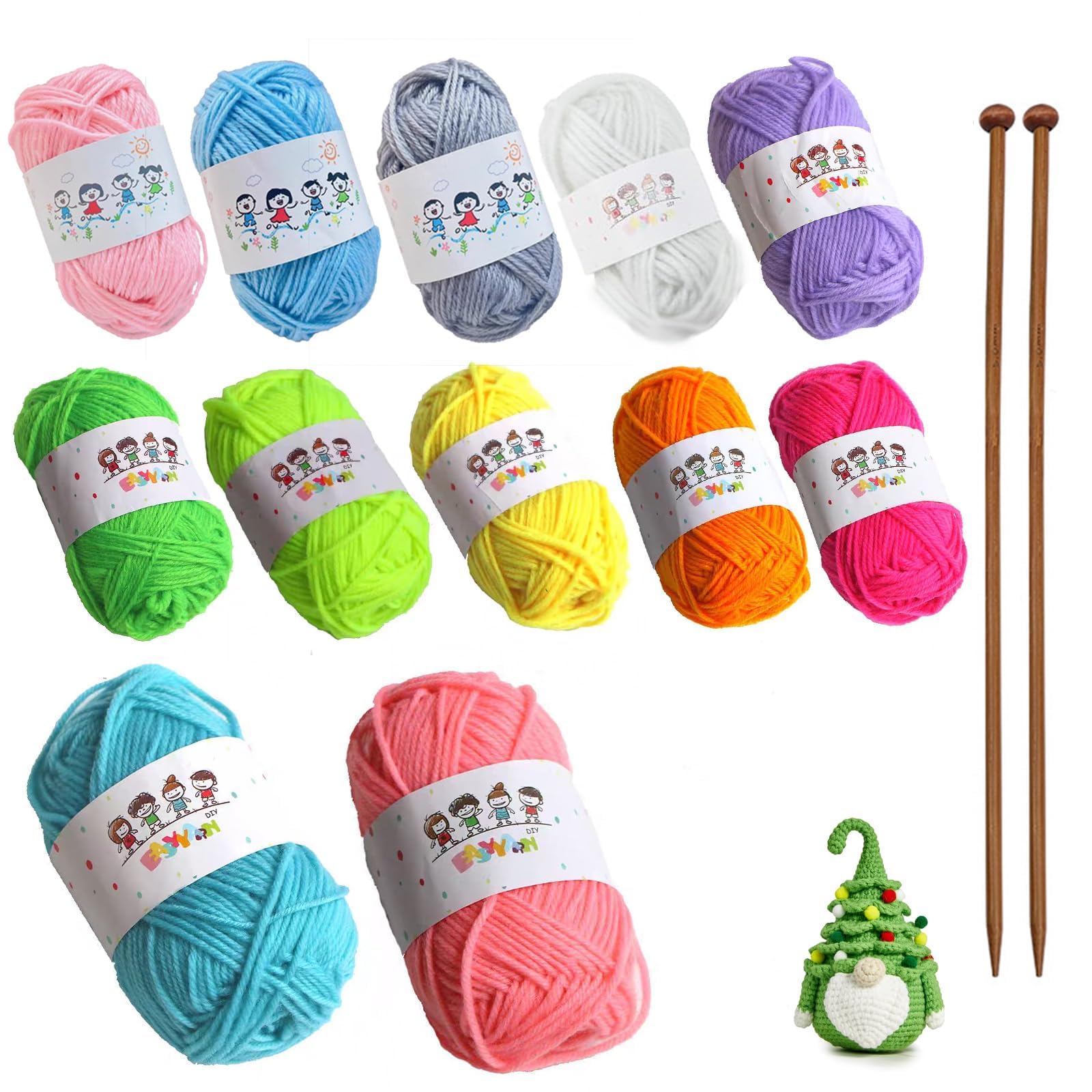 TZMFHD Knitting Kit, Knitting for Beginners Kit, Beginner Knitting Kit, Suitable for Adults Children DIY Weaving Handmade Artworks (12 Colors of Yarn and 2 Knitting Needles)