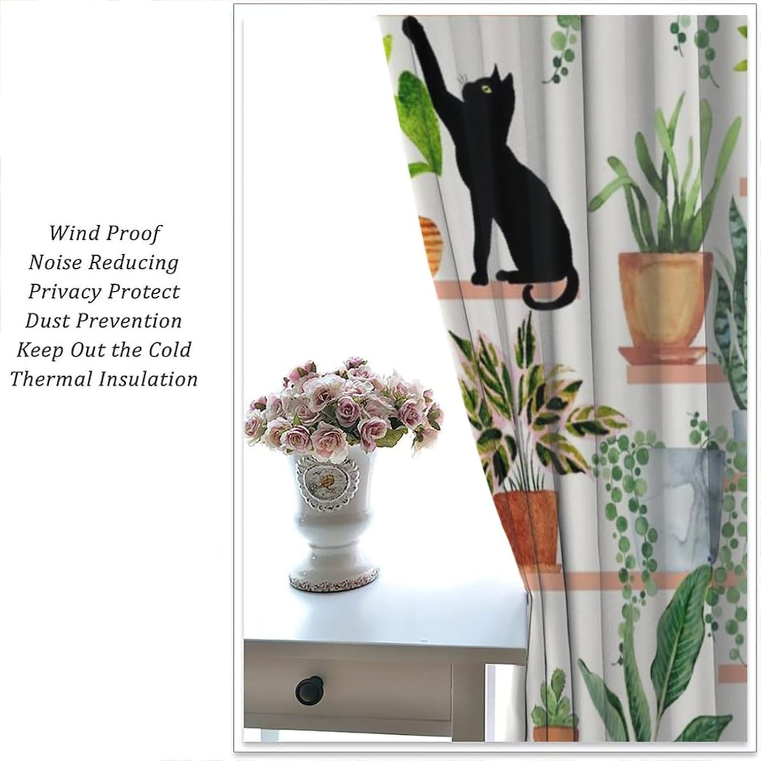 Green Plant Funny Cat Curtains, Potted Plants Cats Botanical Floral Window Treatments for Bedroom Tropical Cactus Leaf Farmhouse Drapes for Living Room Kitchen W42xL45 in Decor