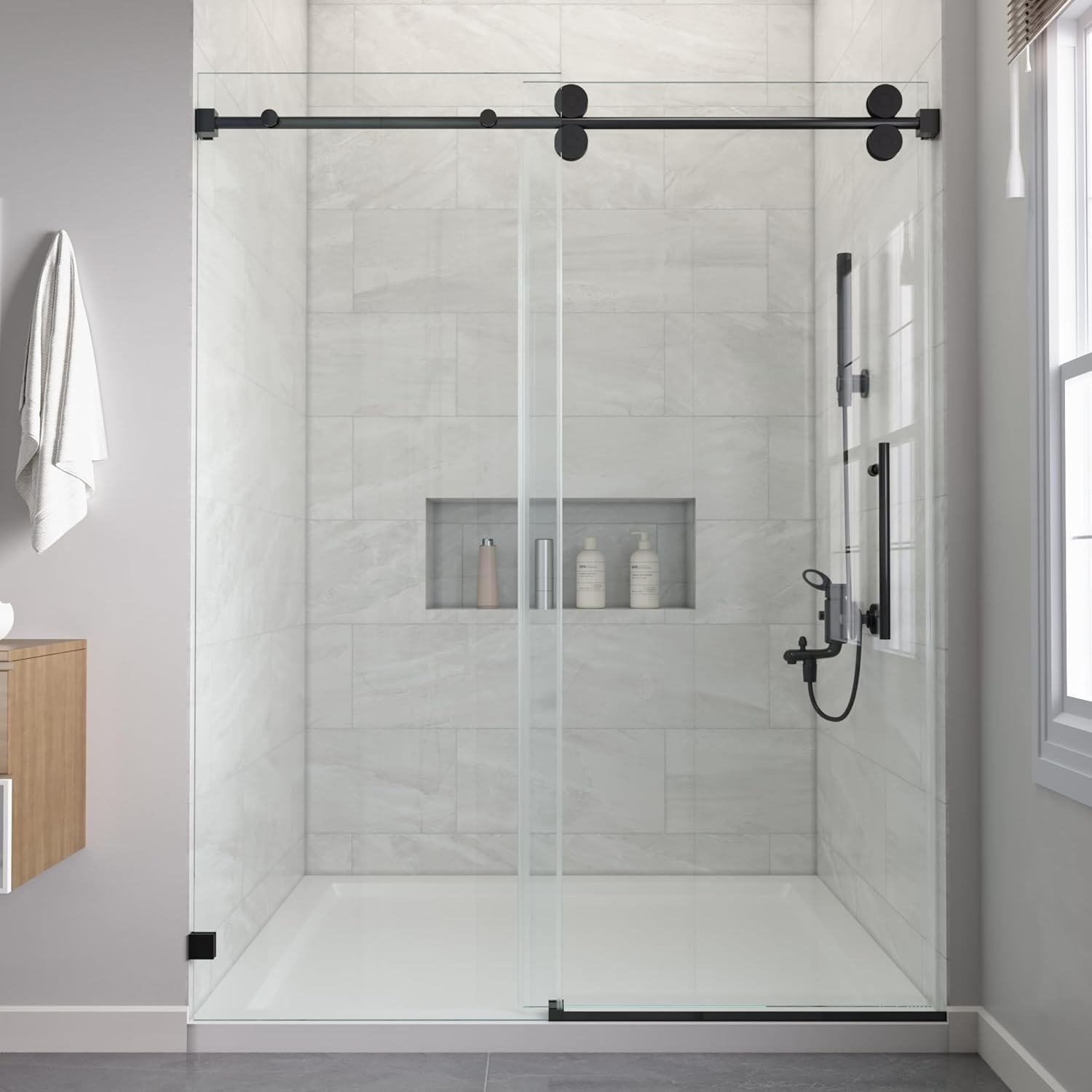 Shower Sliding Doors 61-66" W x 76" H Width Adjustable 3/8"(10mm) Frameless Clear Tempered SGCC Shatterproof Glass Stainless Steel Hardware (Matte Black)