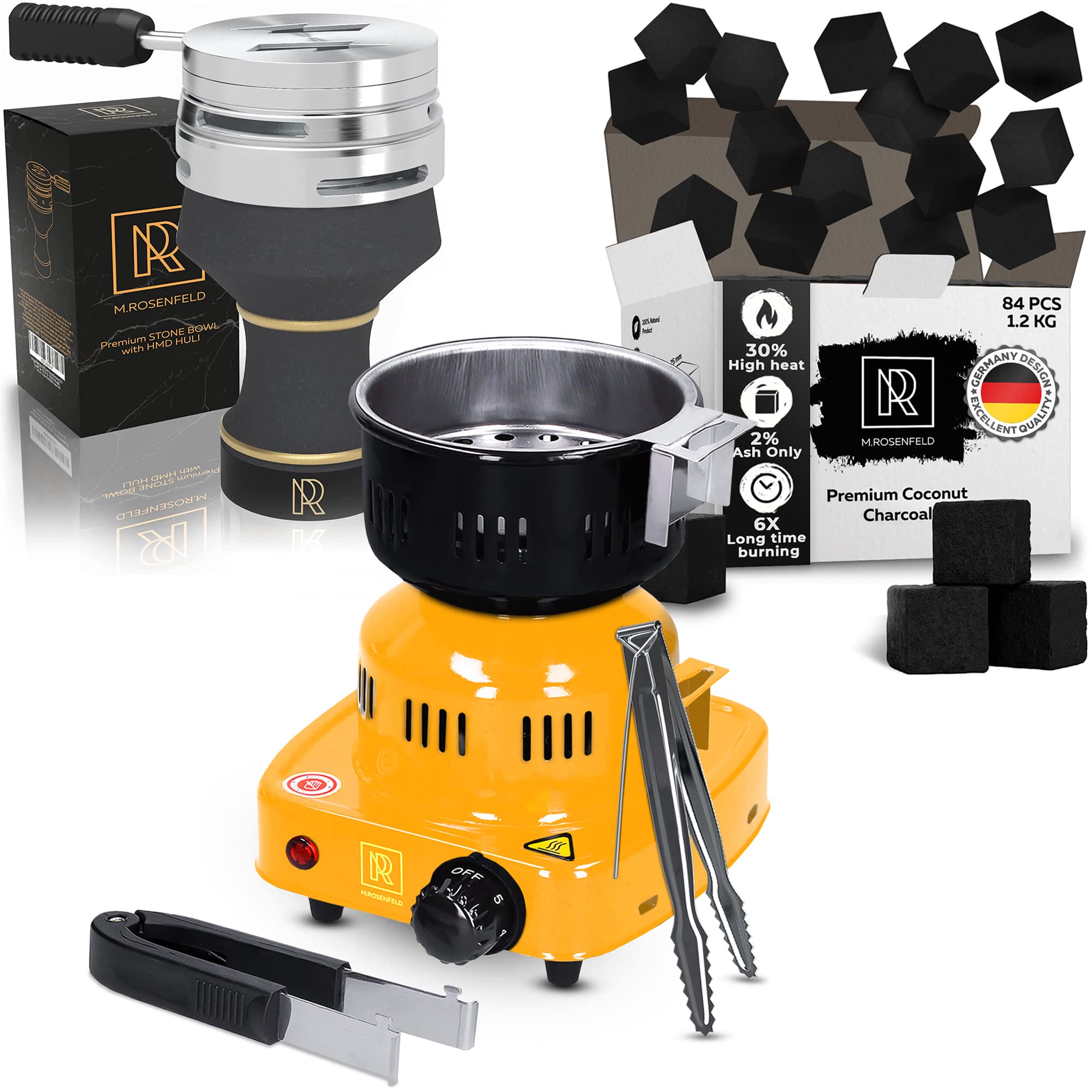 Hookah Bowl Set Premium Stone Black Bowl & Hookah Coal Burner - Yellow Burner for Hookah 450W – FIRE Tower & Hookah Charcoal Hookah Coals for Hookah Coconut – XL Pack 84 Count