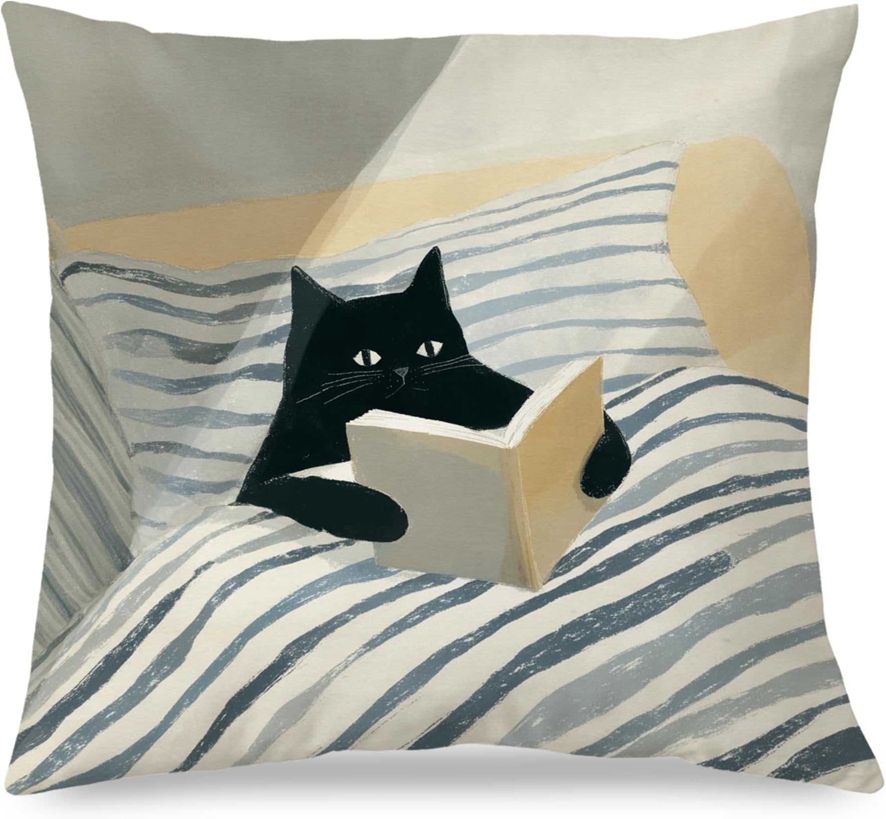 Black Cat Reading Throw Pillow Covers 18x18, Book Lovers Reader Gifts, Trendy Retro Bookish Cat Pillow Cases for Home Bedroom Reading Room Nook Corner Decor
