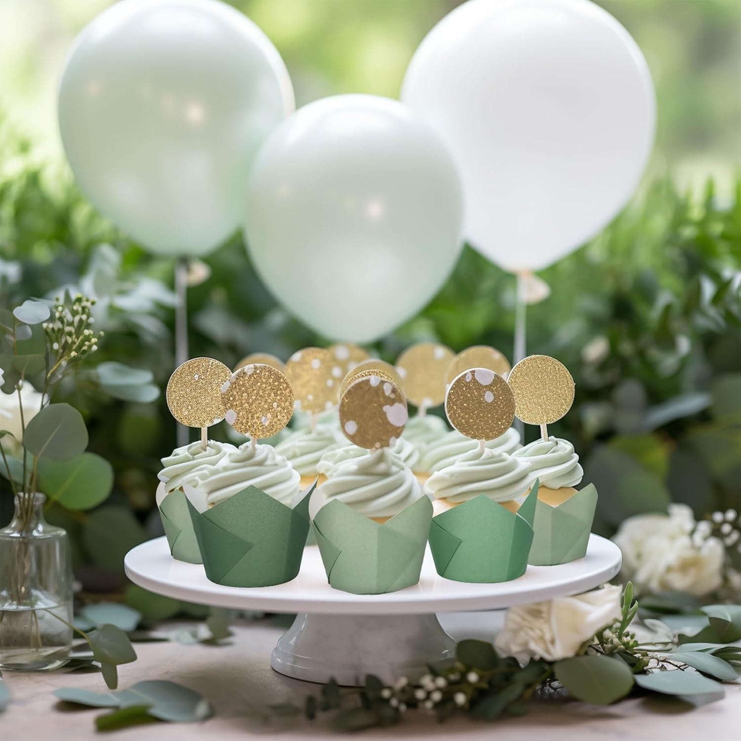 Whaline 180Pcs Gradient Green Tulip Cupcake Liners Sage Green Tulip Muffin Baking Liners Wrappers Baking Cup for Bridal Baby Shower Wedding Birthday Party Decor