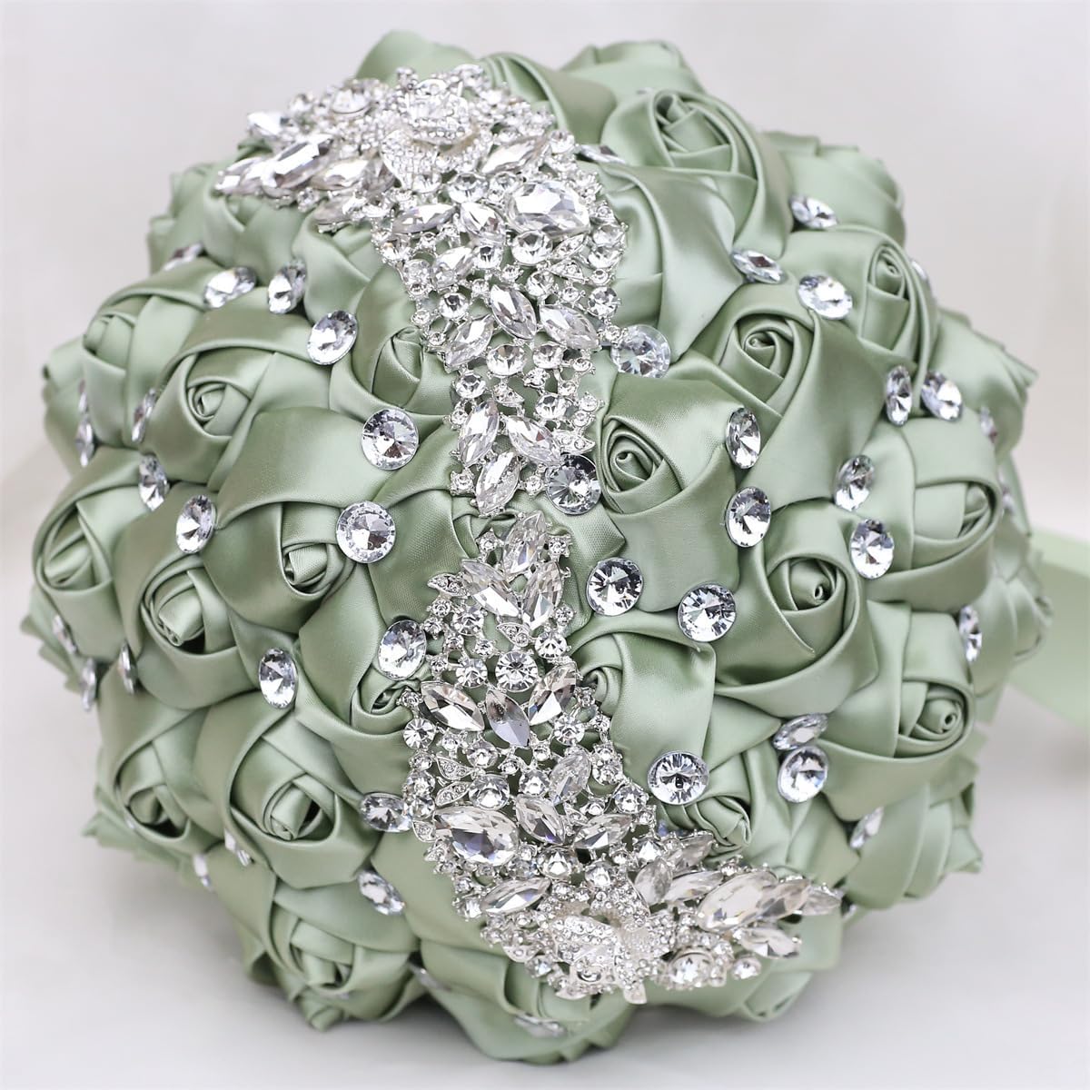 Bridal Wedding Bouquet Round Holding Bouquet Throw Toss Artificial Rose Flower Bunch for Bride Bridesmaid Wedding Quinceanera(Sage Green, 7.1")