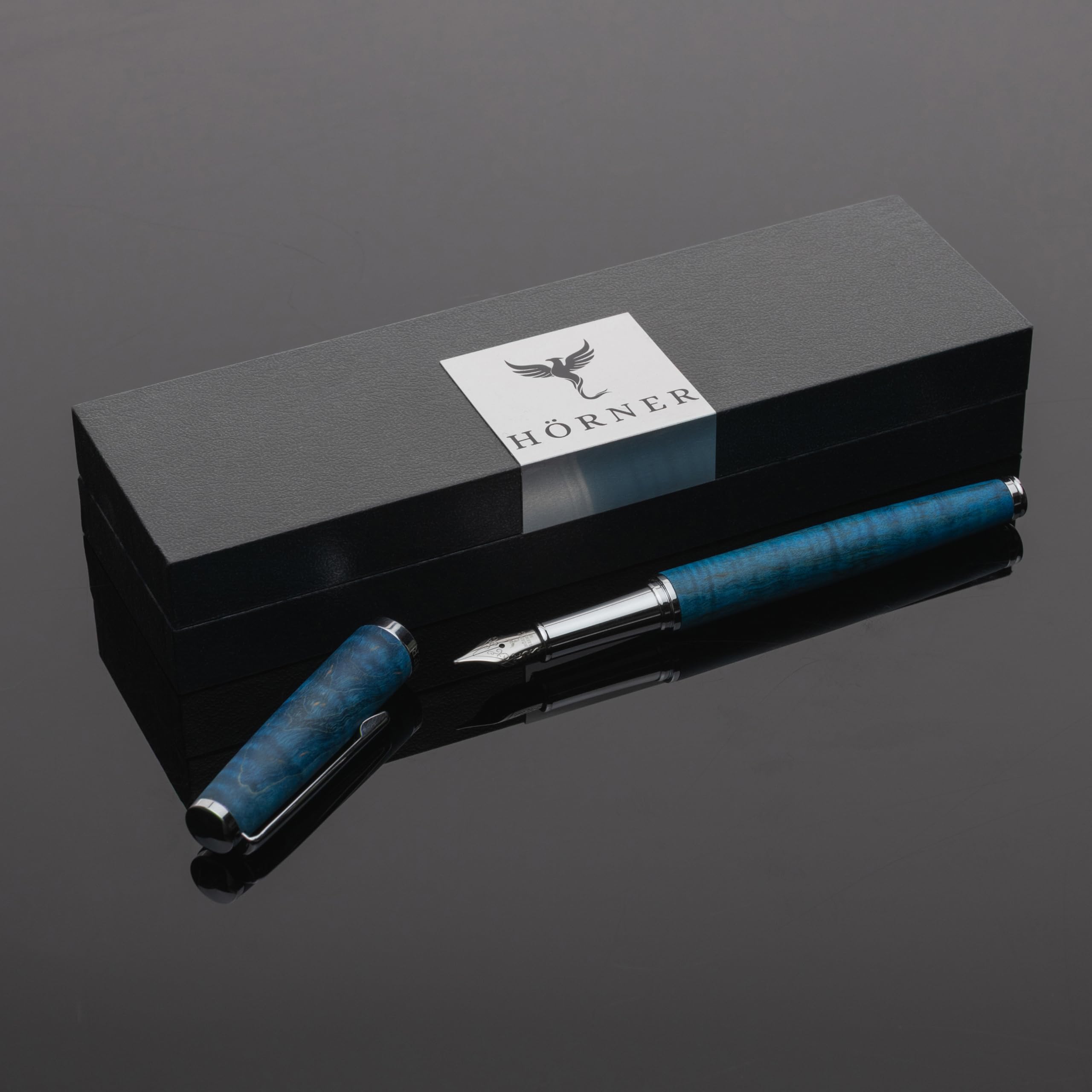 Hörner Primus Oceanus Füllfederhalter – ozeanblaues Echtholz, Edelstahlfeder, sanfter Tintenfluss, für Standard-Tintenpatronen, Geschenkbox