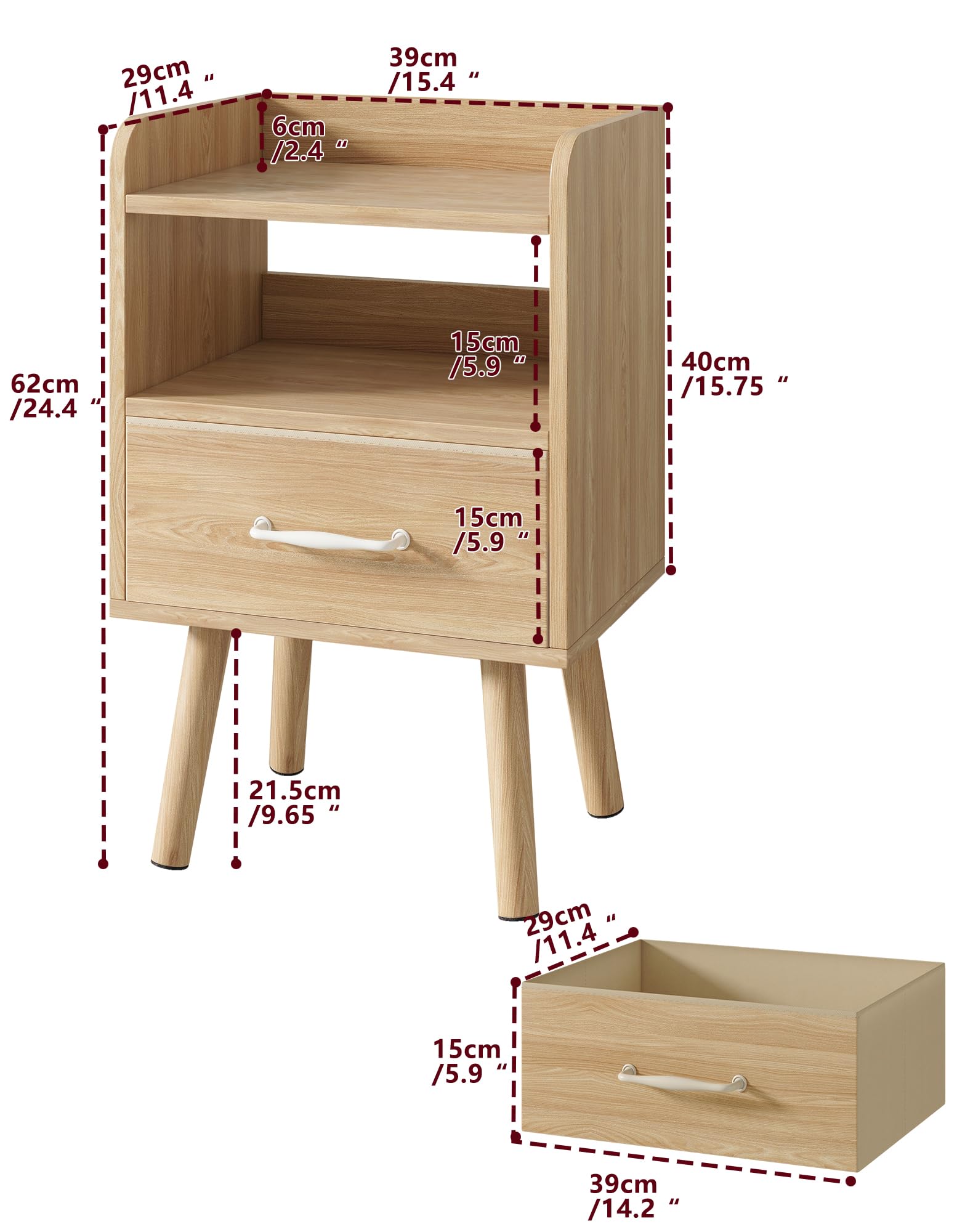 YMYNY Set de 2 Mesitas de Noche, Mesa Auxiliar de Sofá, Mesa de Madera, Cajón con Tela Removible, Ripiano Abierto, 39x29x62 cm, para Dormitorio, Salón, Natural HST021N-2