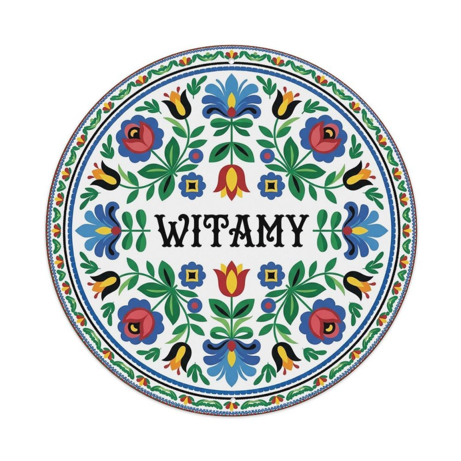 Vintage Polish Folk Art Witamy Welcome Kashubian Pattern Metal Tin Sign