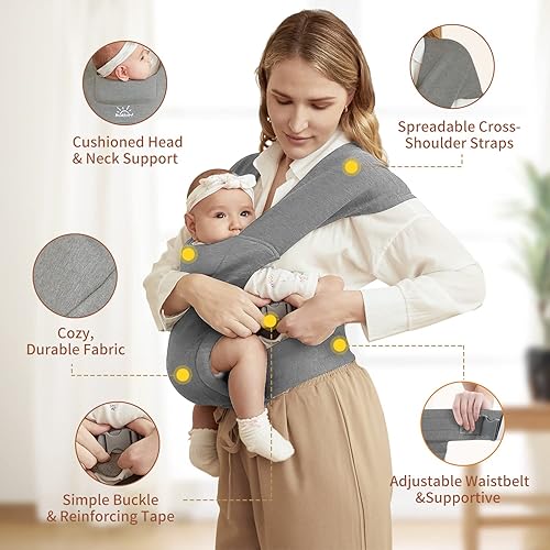 Miniatura 3 de MOMTORY Portabebés mejorado para recién nacidos, acogedor portabebés (7-25 libras), con gancho y bucle para ajustarse fácilmente, tela suave, gris